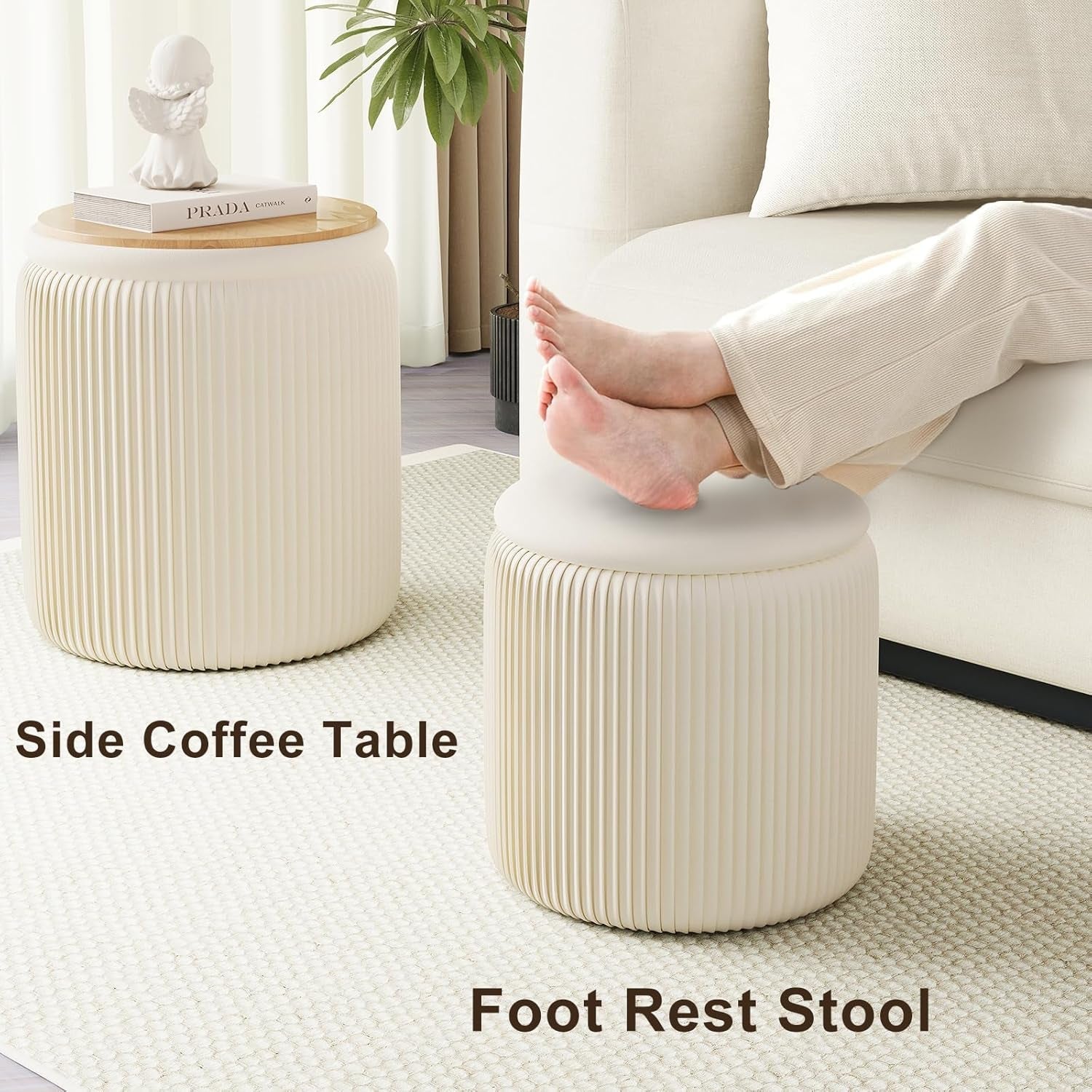 White Velvet Upholstered Storage Ottoman Vanity Set