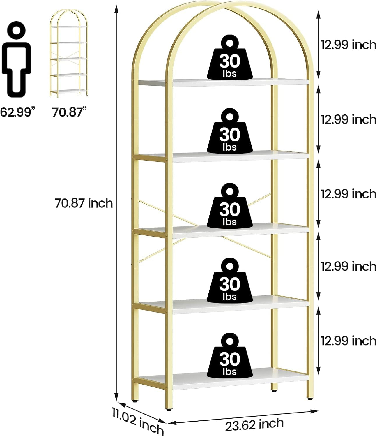 5 Tier Bookshelf Arched Display White Gold Metal Frame Bookcase-1
