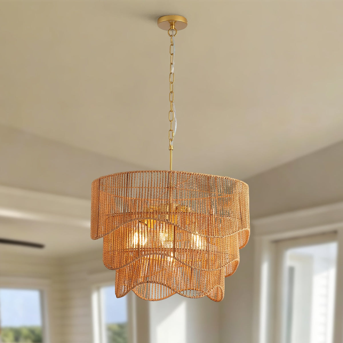 Handwoven Paper Rattan Boho Chandelier with Adjustable Height