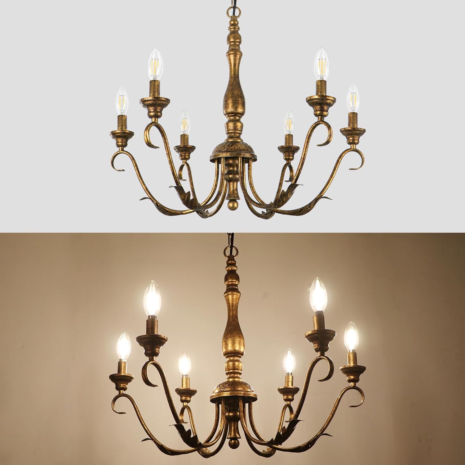 Six Light Farmhouse Chandelier Vintage Brass Fixture-3