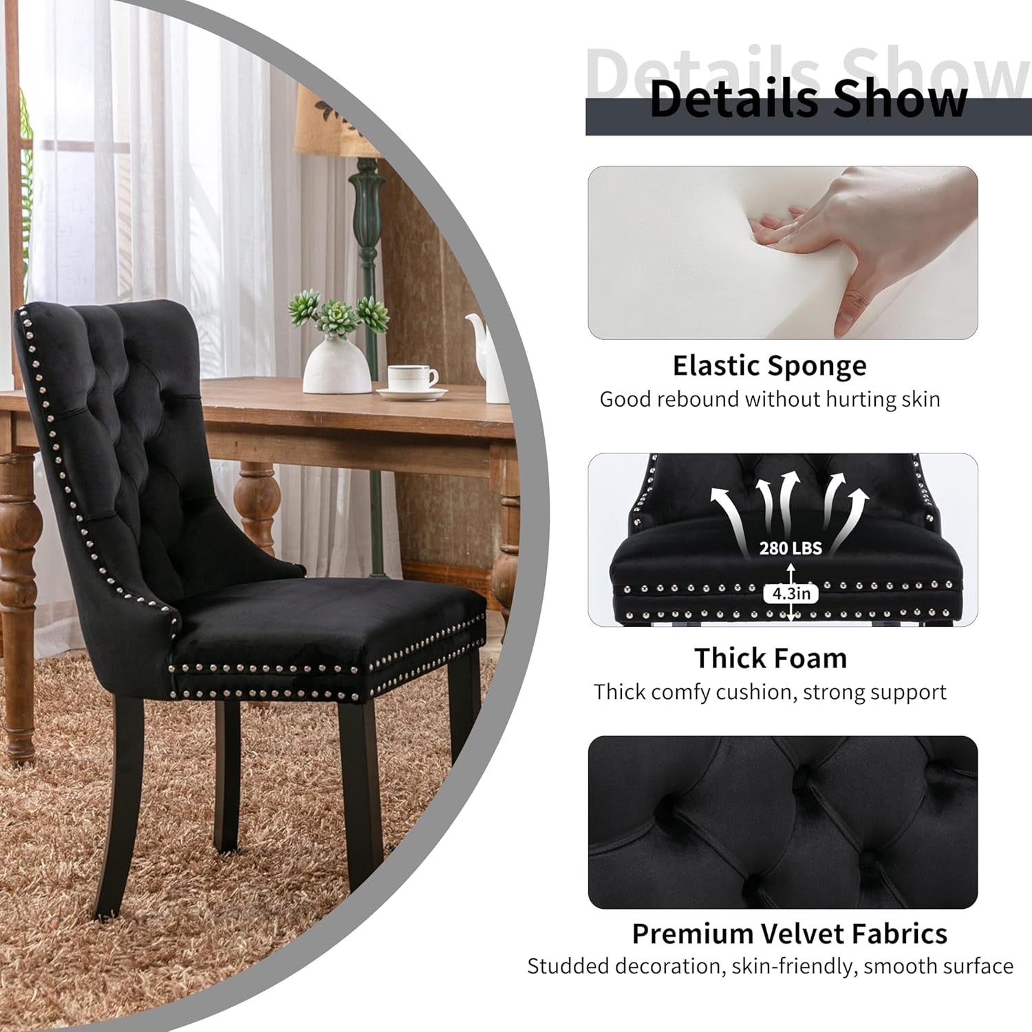 BlackGlassDiningSetForFourTuftedChairsWithNonSlipFeet