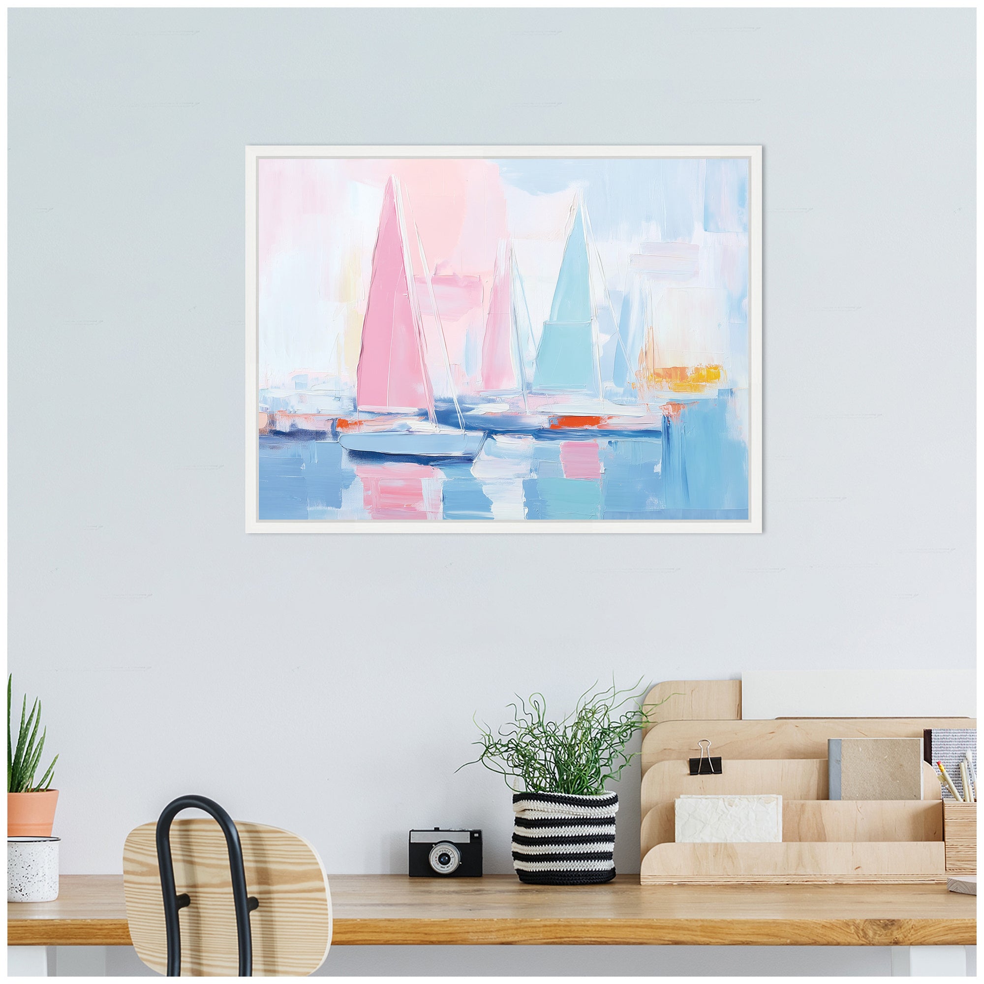 Sylvie Abstract Sailboat Harbor Landscape Pastel and Pops of Color Framed Canvas by The Creative Bunch Studio