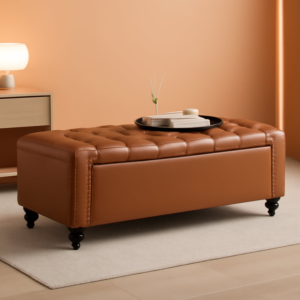 49 Inch Upholstered Storage Ottoman Bench Espresso Brown