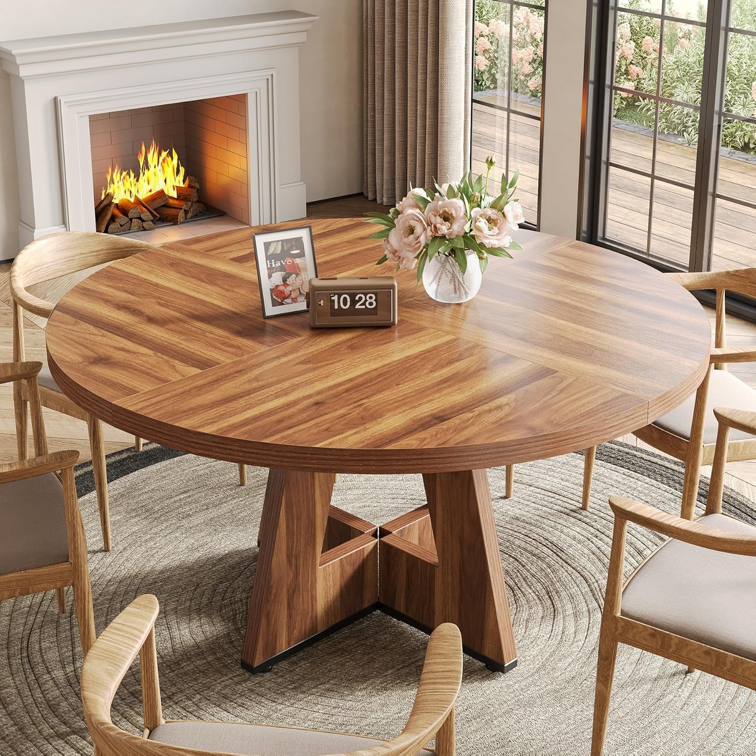 Round Dining Table 47 Inch Brown Finish Seats 4 To 6
