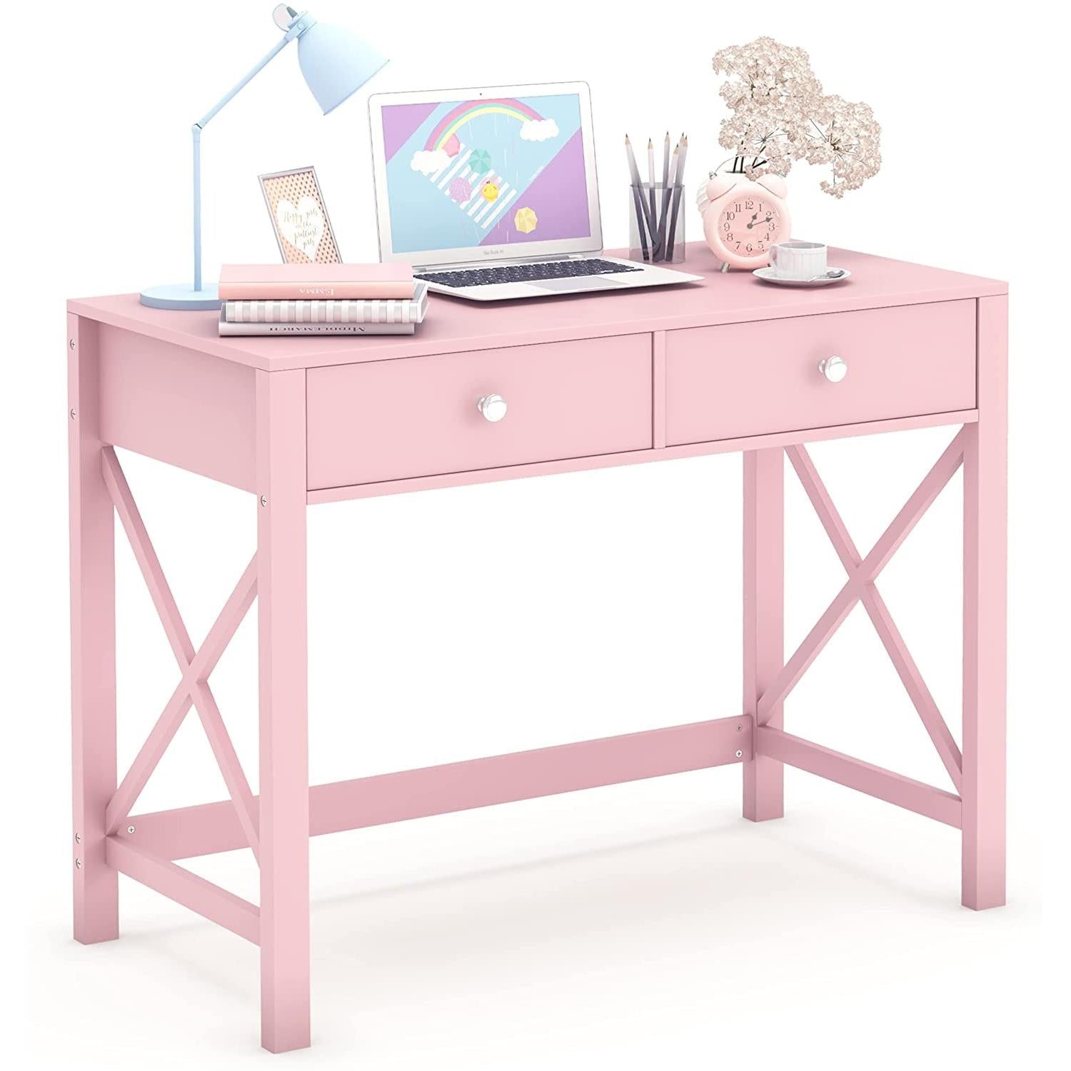 Pink Modern Vanity Desk With Drawers For Home Office