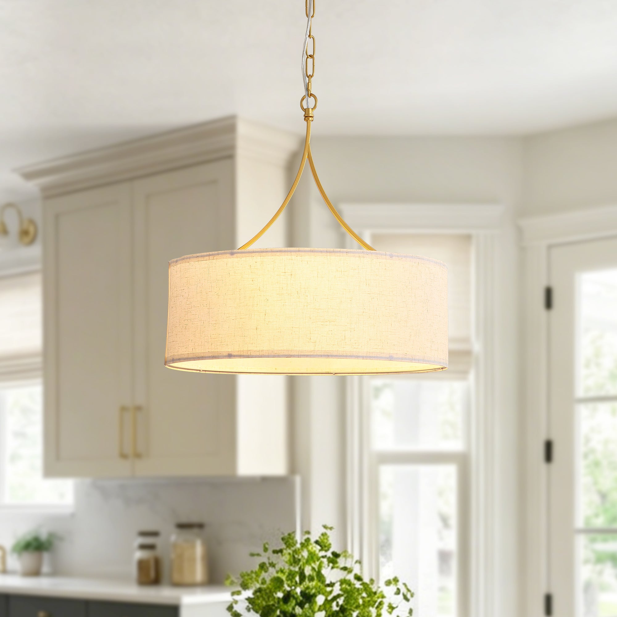 3-Light Gold Fabric Drum Pendant Light