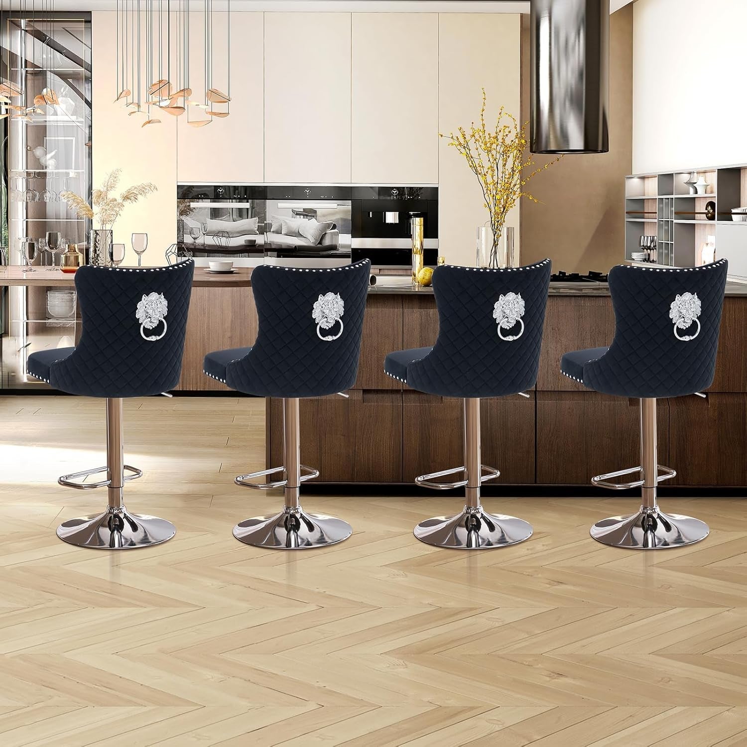 Velvet Swivel Bar Stools Adjustable Set Of 4 In Black