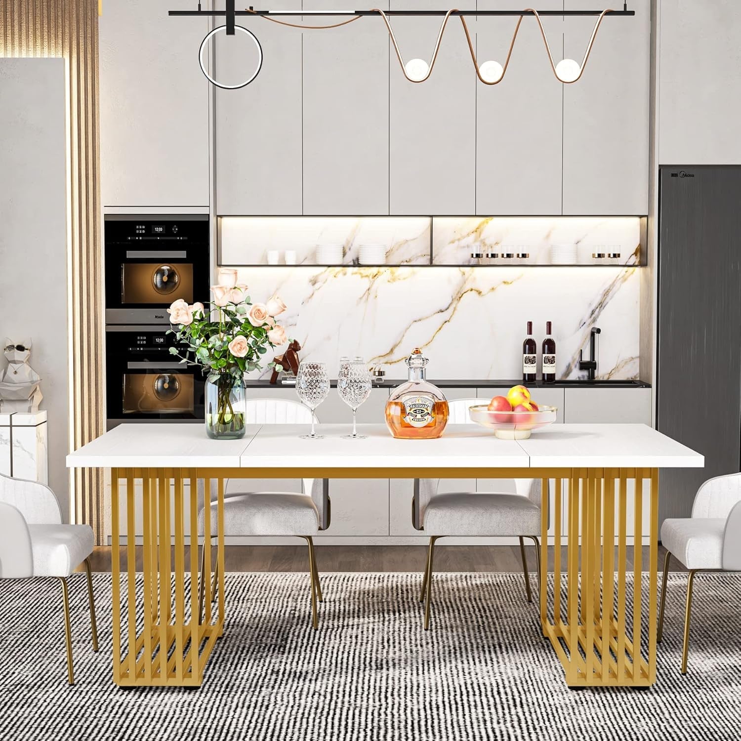 White Gold Wood Dining Table 70 Inch Rectangular For Dining Room