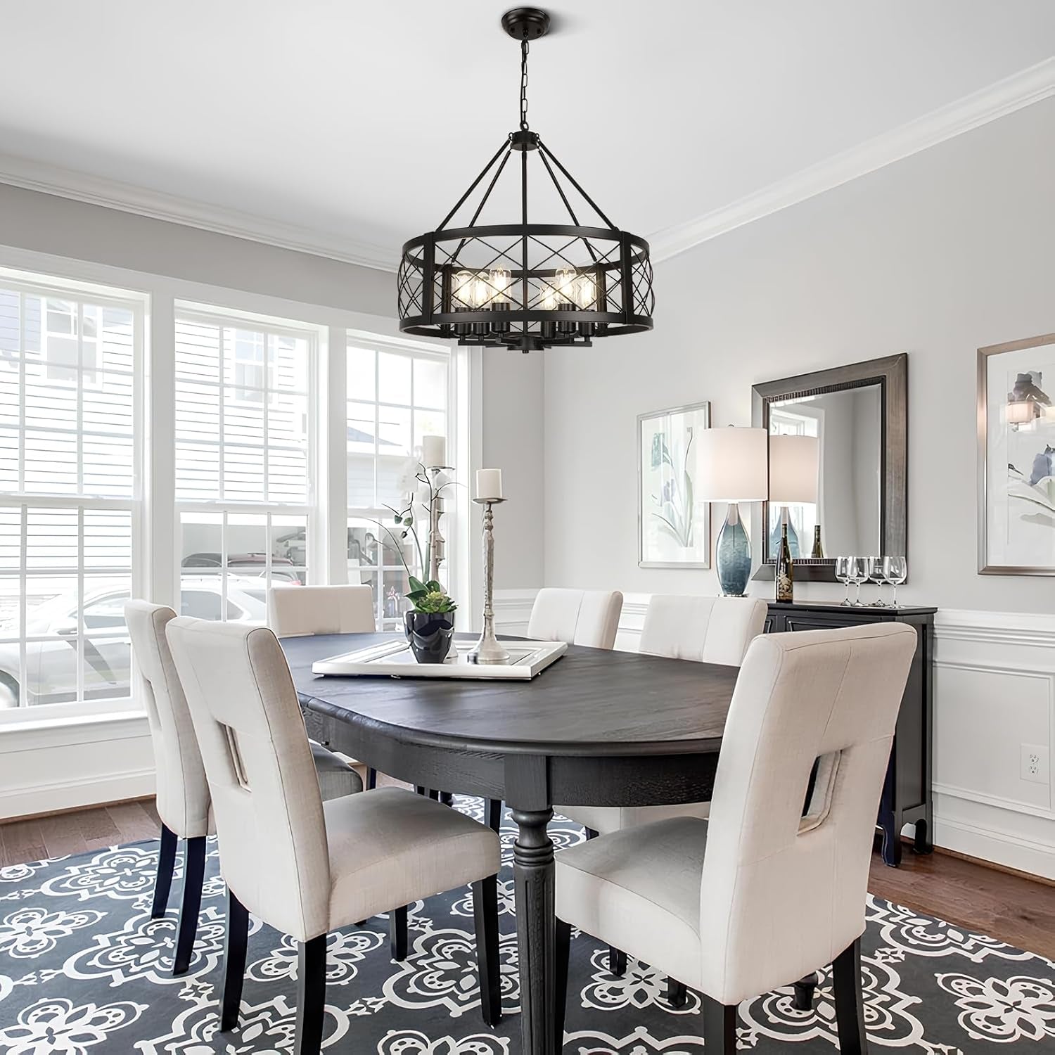 6 Light Black Rustic Drum Chandelier 22.5 Inch Dining Room-2