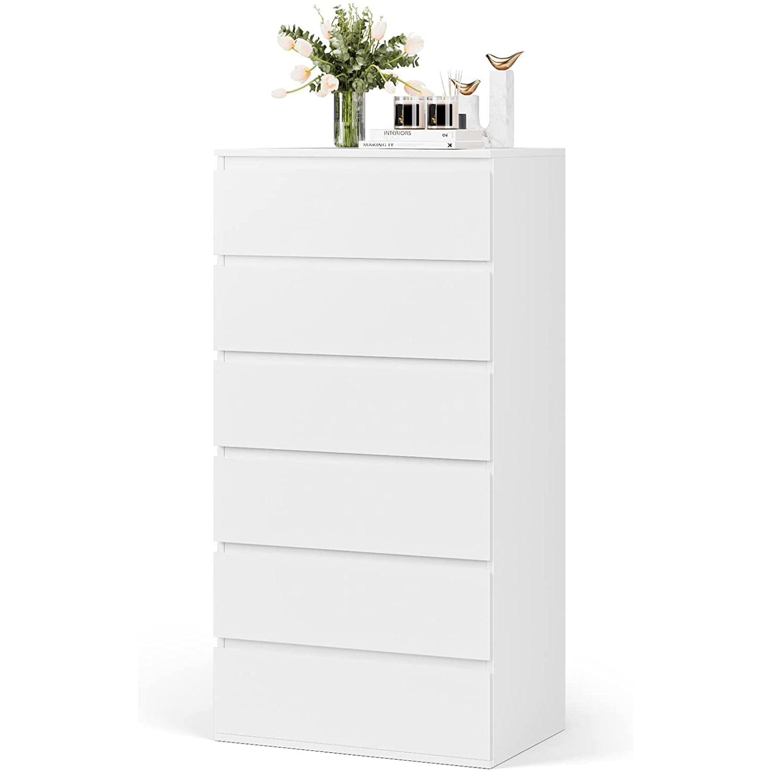 White Wooden 6 Drawer Bedroom Dresser With Sliding Rails