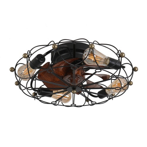 Low Profile Cage Ceiling Fan With Light Remote Control, Built-in Modern Industrial Ceiling Fan