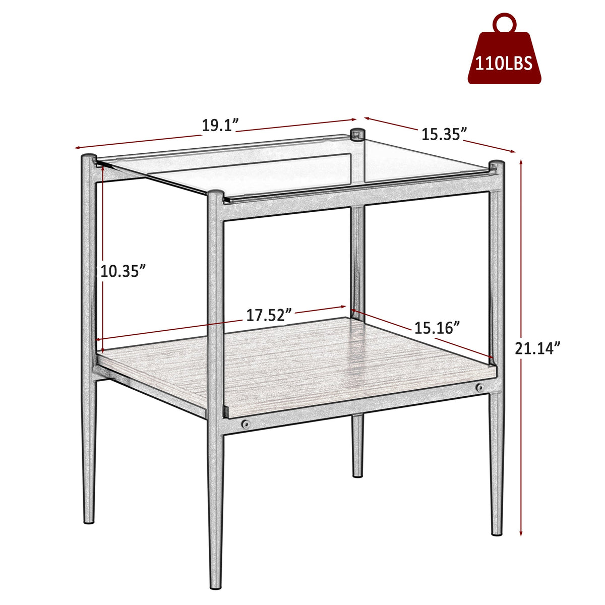 Rectangle End Table Set with Gray Tempered Glass Tops - Gray