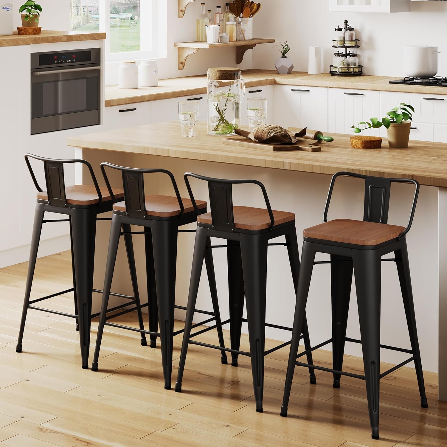 30 Inch Low Back Metal Barstools With Wooden Seat