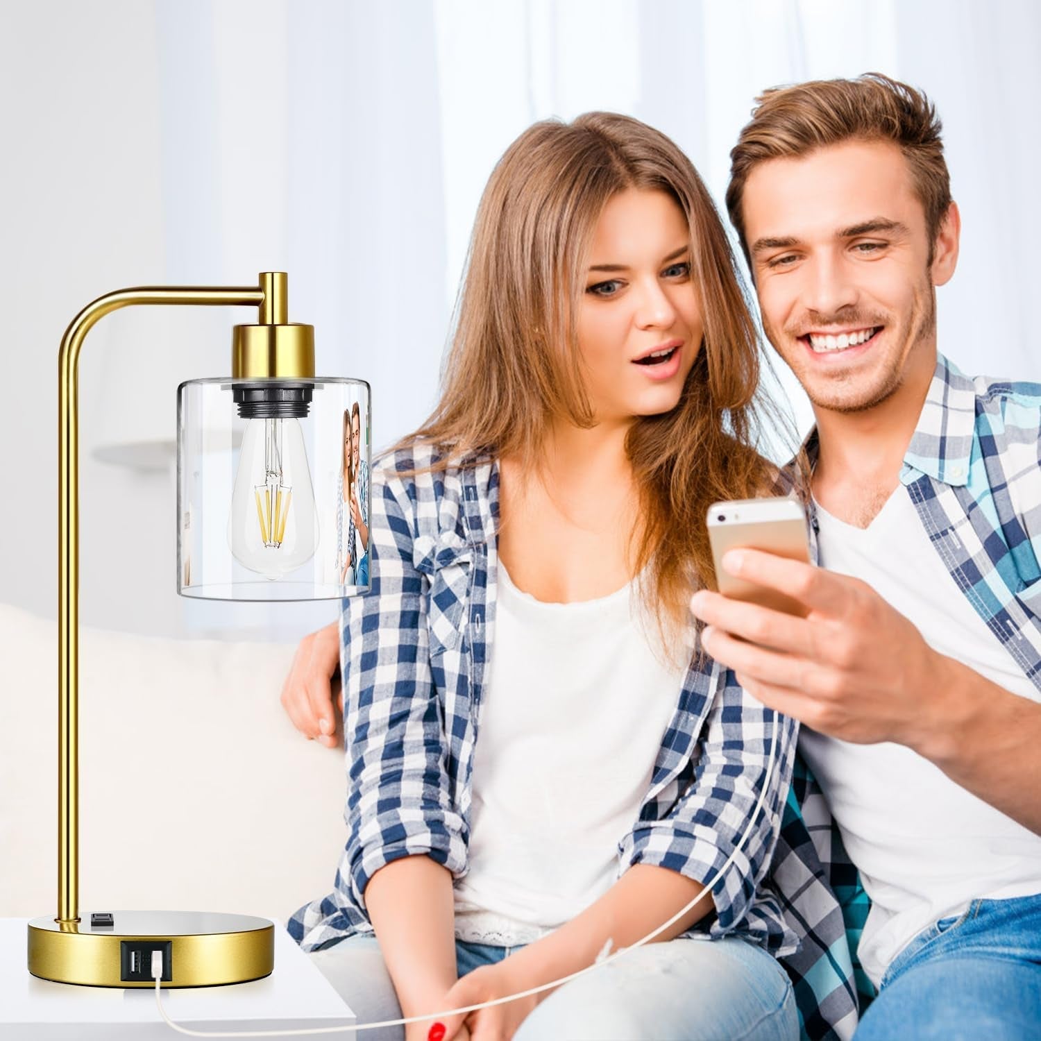 Gold Industrial Touch Table Lamps 2 Pack With USB Ports