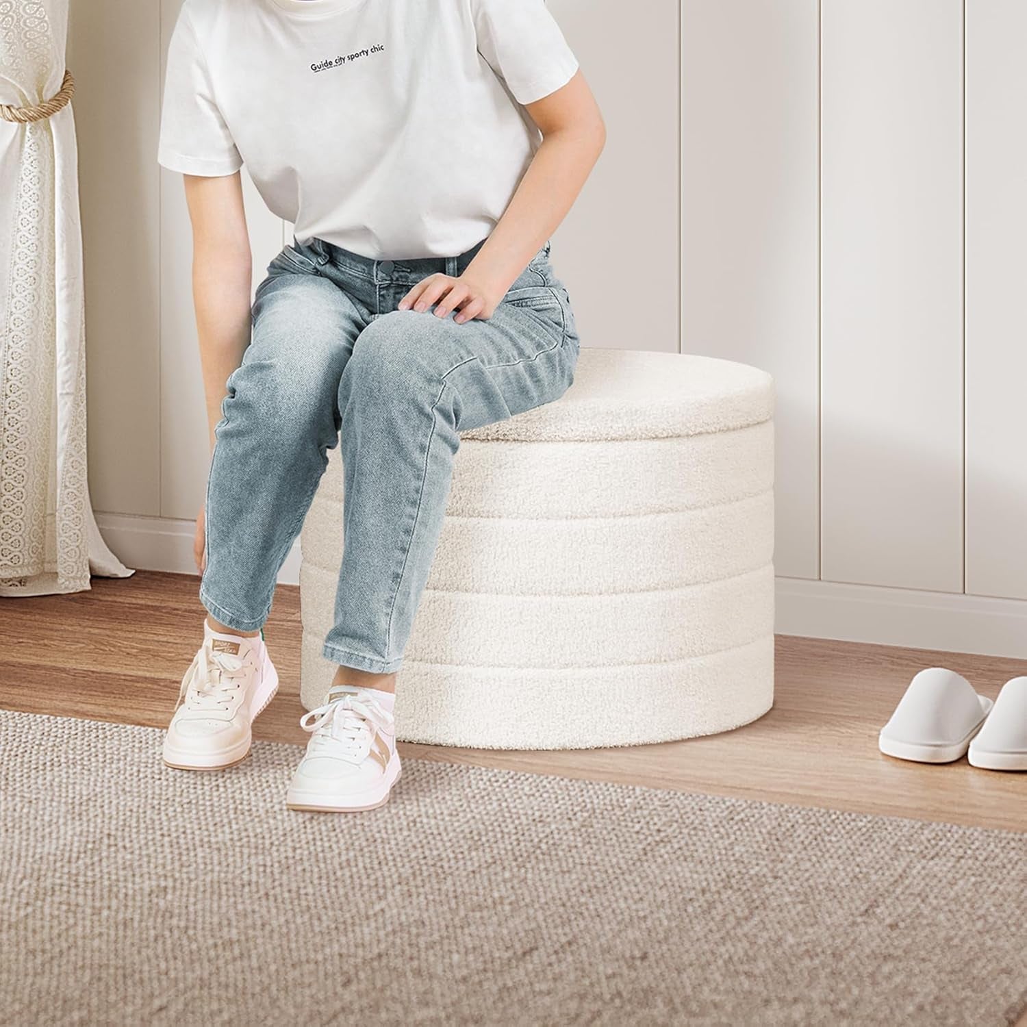 Rounded White Luxurious Boucle Storage Ottoman Lid