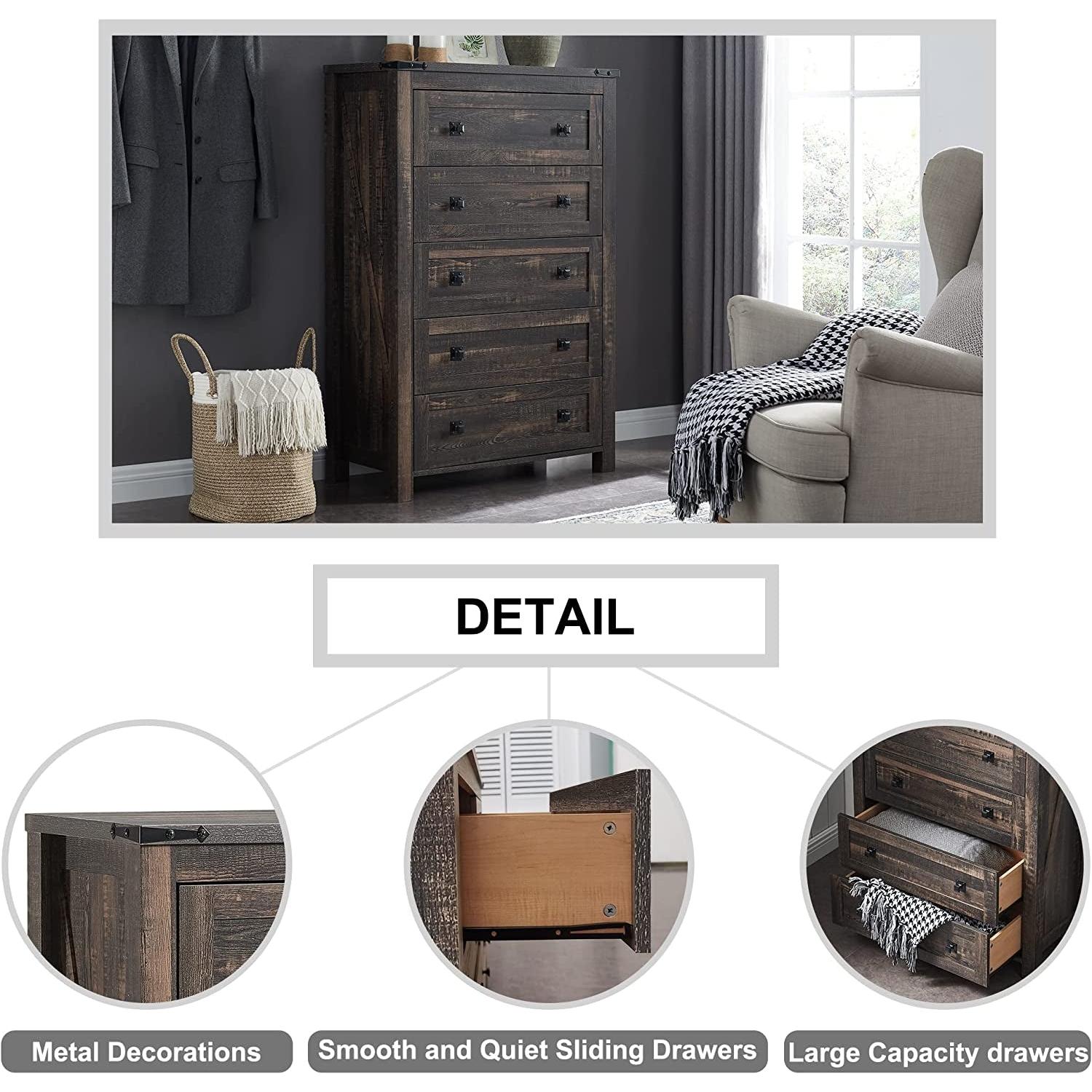 Dark Rustic Oak Five Drawer Dresser Bedroom Storage