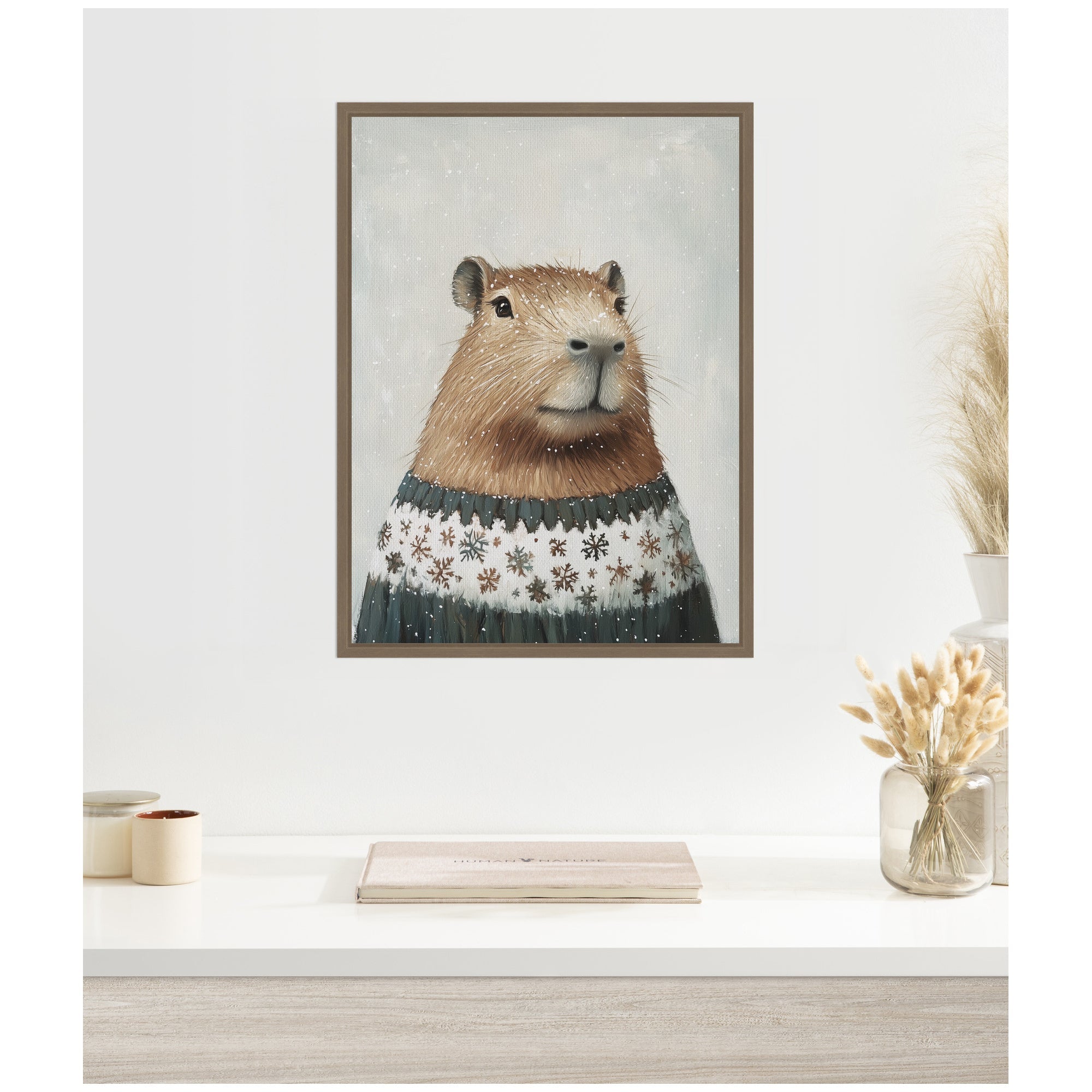 Sylvie Framed Canvas Capybara in Winter Snowflake Sweater by The Creative Bunch Studio