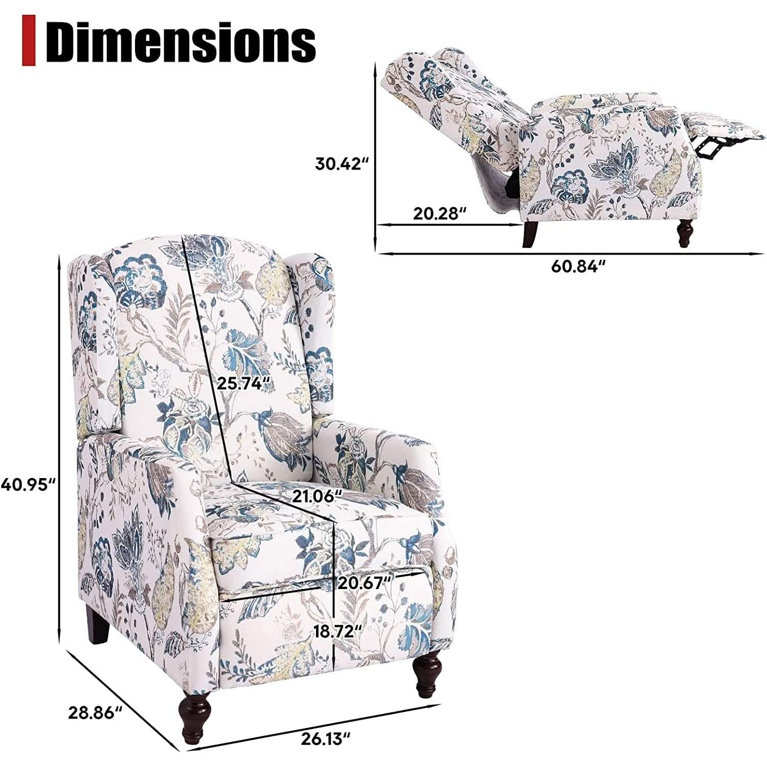Upholstered Wingback Recliner Chair Blue Floral Elegant