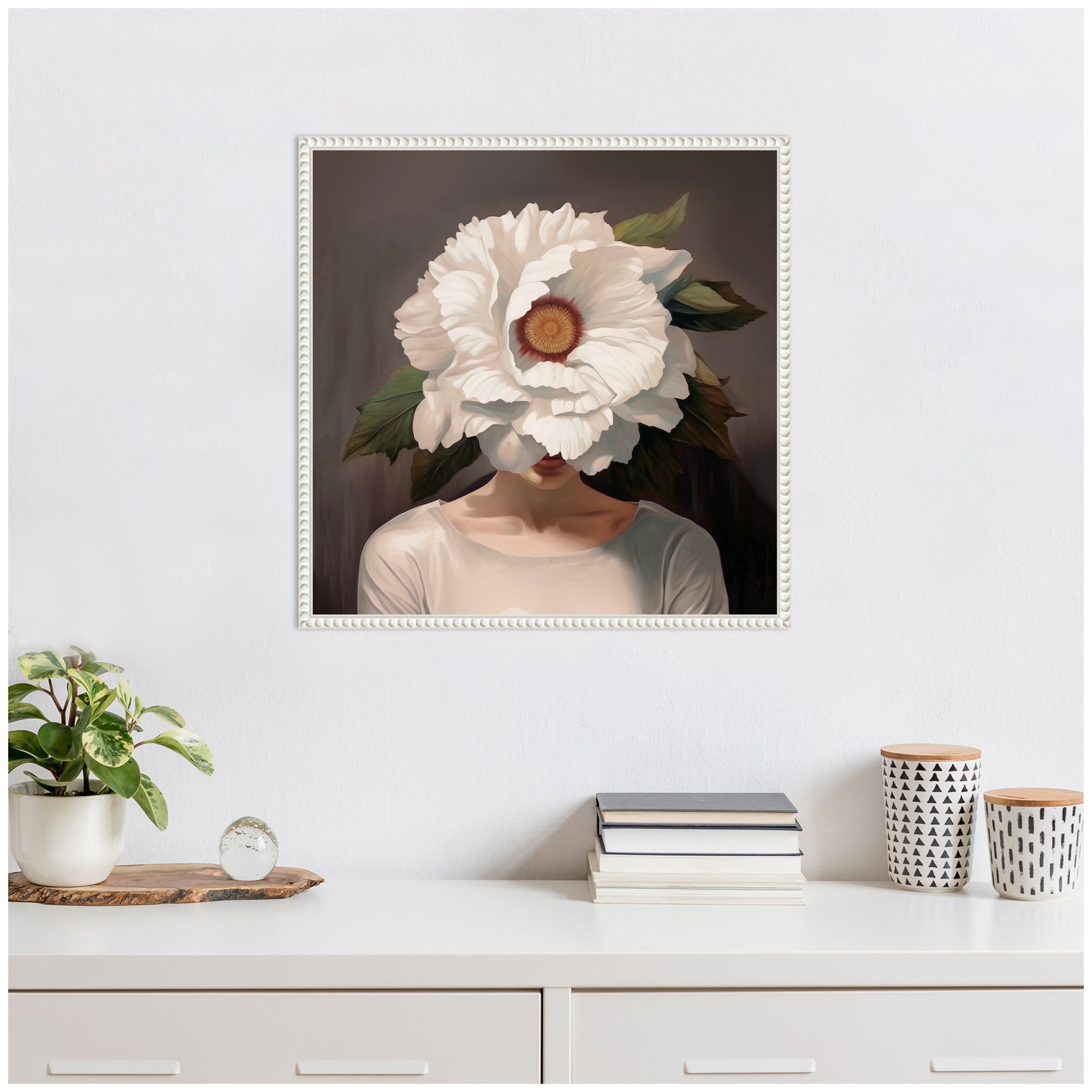 Sylvie White Flower Woman Portrait Framed Canvas by The Creative Bunch Studio