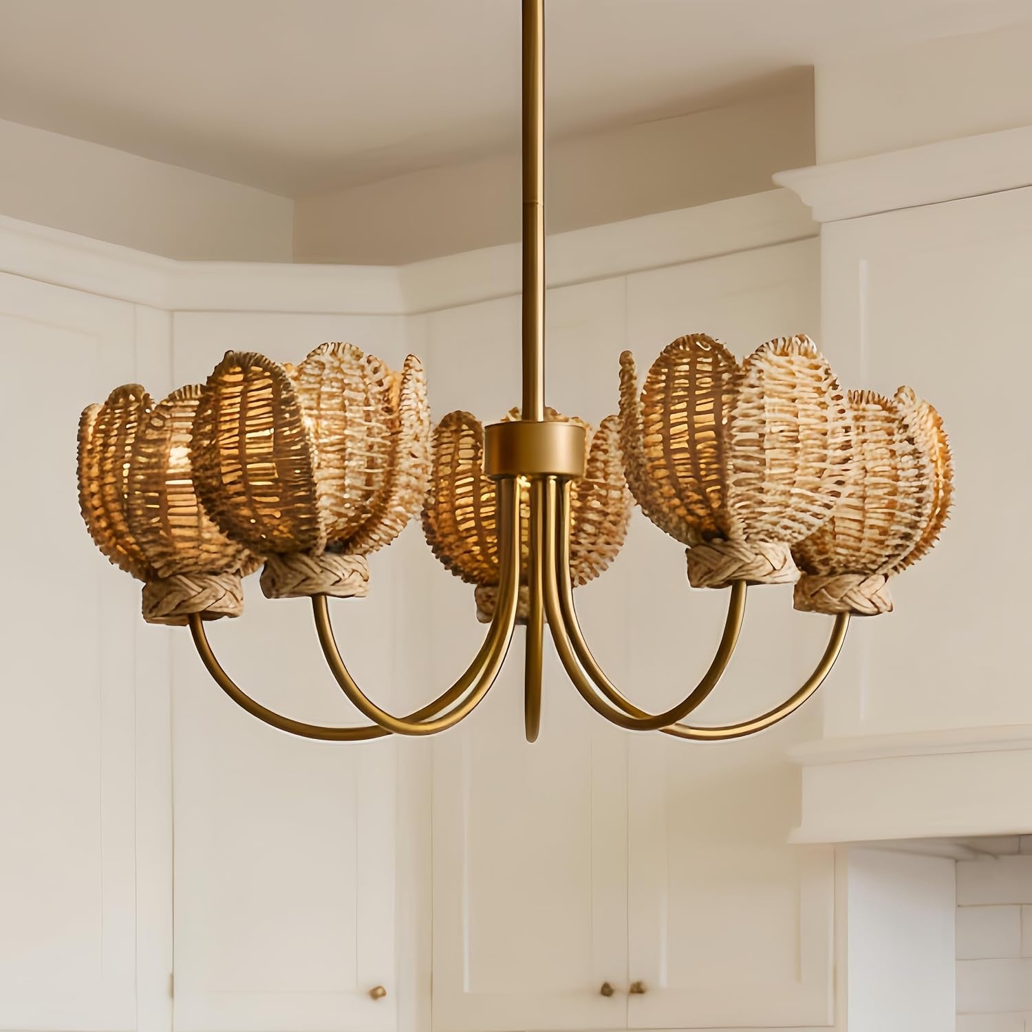 Natural Wicker Brass Chandelier Pendant Light 38 Inch-0
