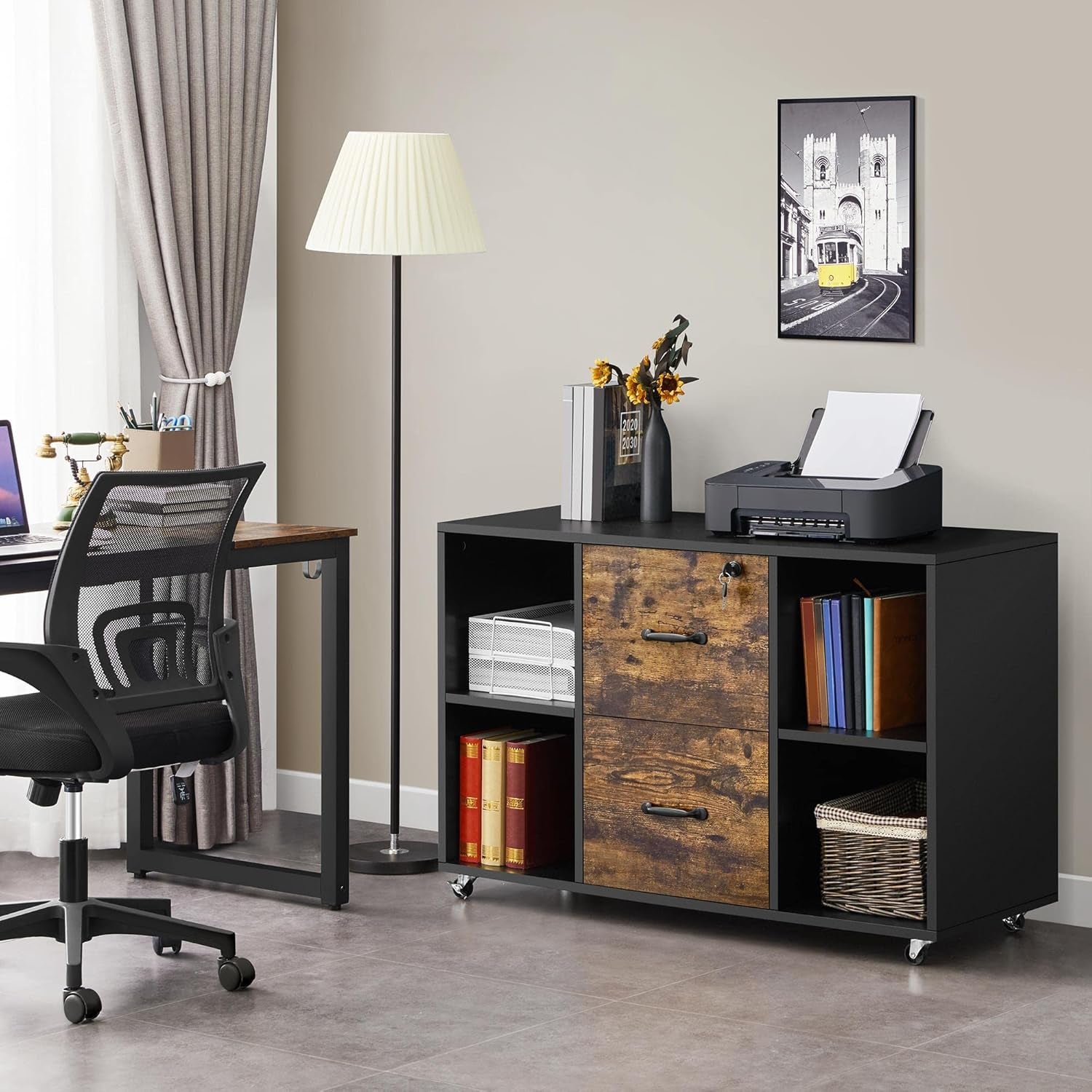 Lateral Filing Cabinet 2 Drawers 4 Open Compartments Black