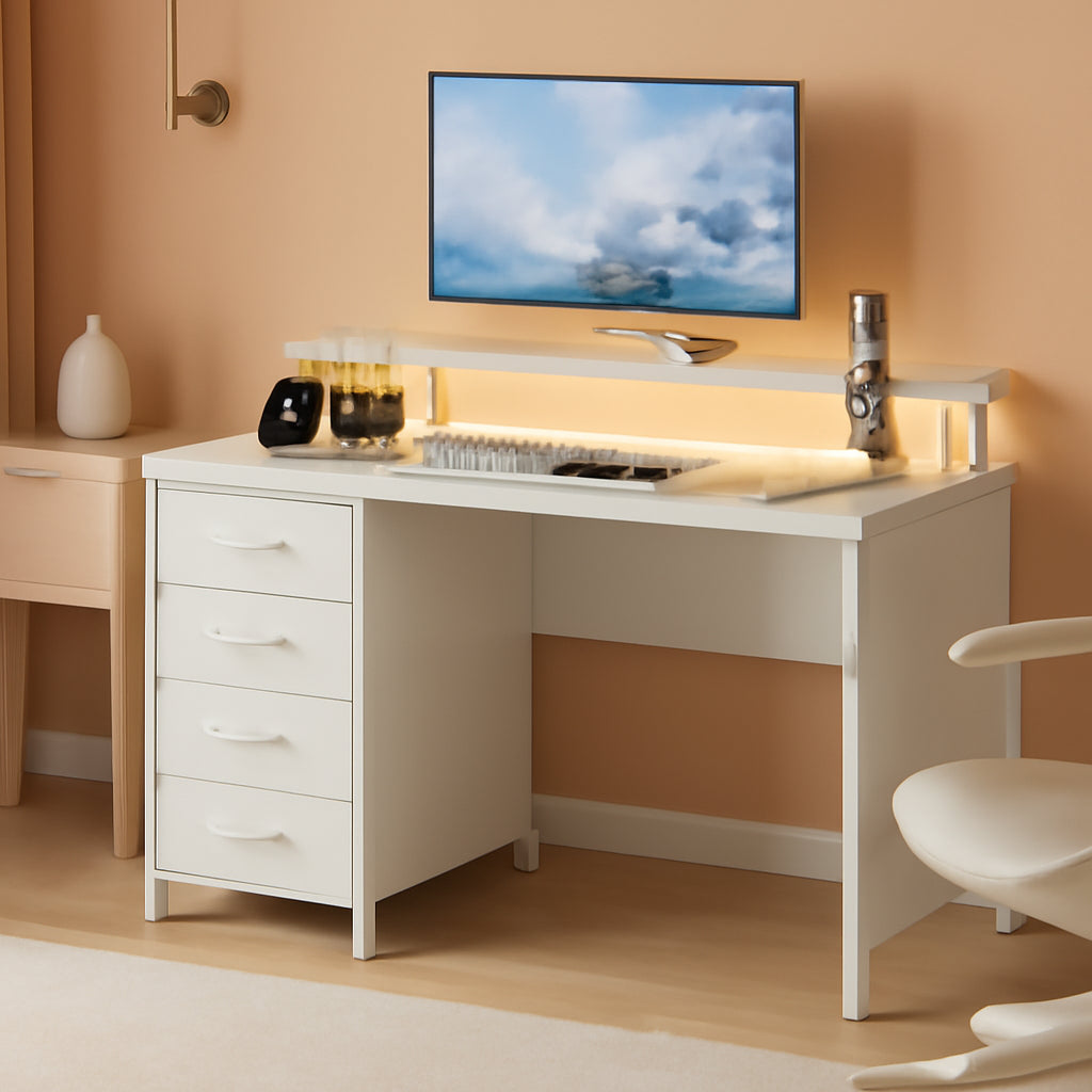 47 Inch LED Gaming Desk With Power Outlets White Drawers