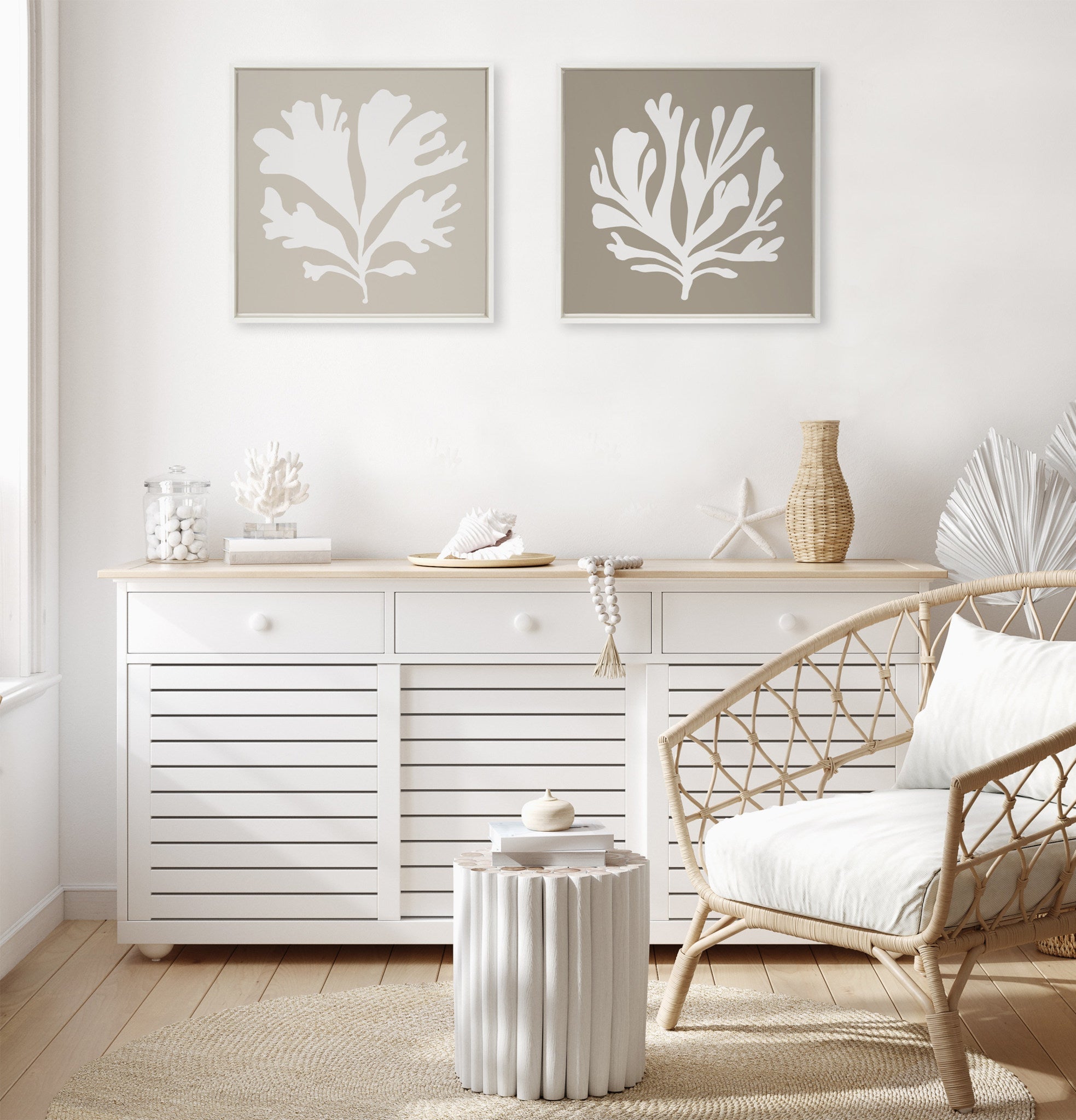 Sylvie Sophisticated Neutral Coral Beige Framed Canvas by The Creative Bunch Studio