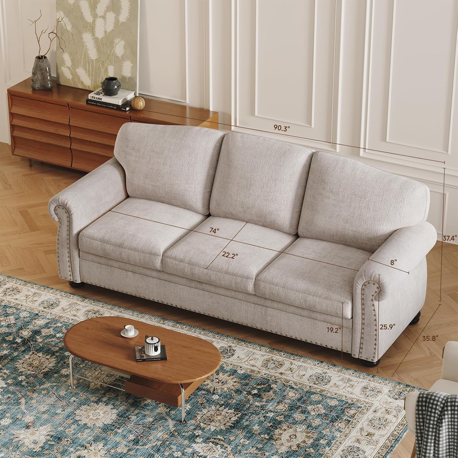 Elegant 90 Inch Nailhead Trim Sofa for Living Room