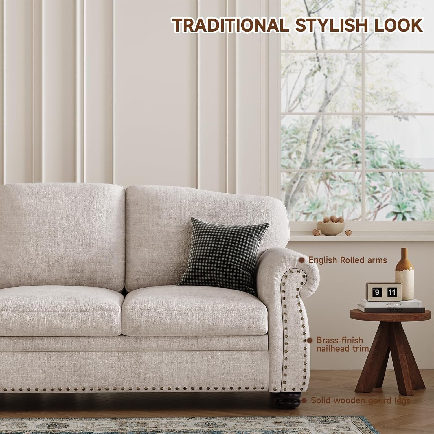 Elegant 90 Inch Nailhead Trim Sofa for Living Room