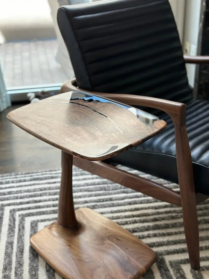 C-Shaped Walnut & Resin End Table with Wheels