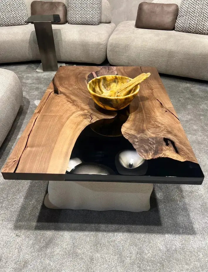 Epoxy-Resin Walnut Coffee Table With Stone Looking Legs