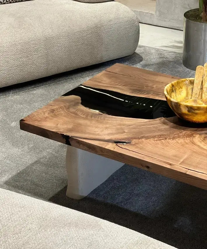 Epoxy-Resin Walnut Coffee Table With Stone Looking Legs