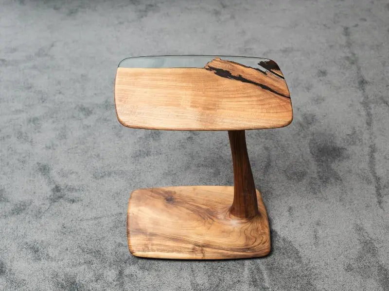 C-Shaped Walnut & Resin End Table with Wheels