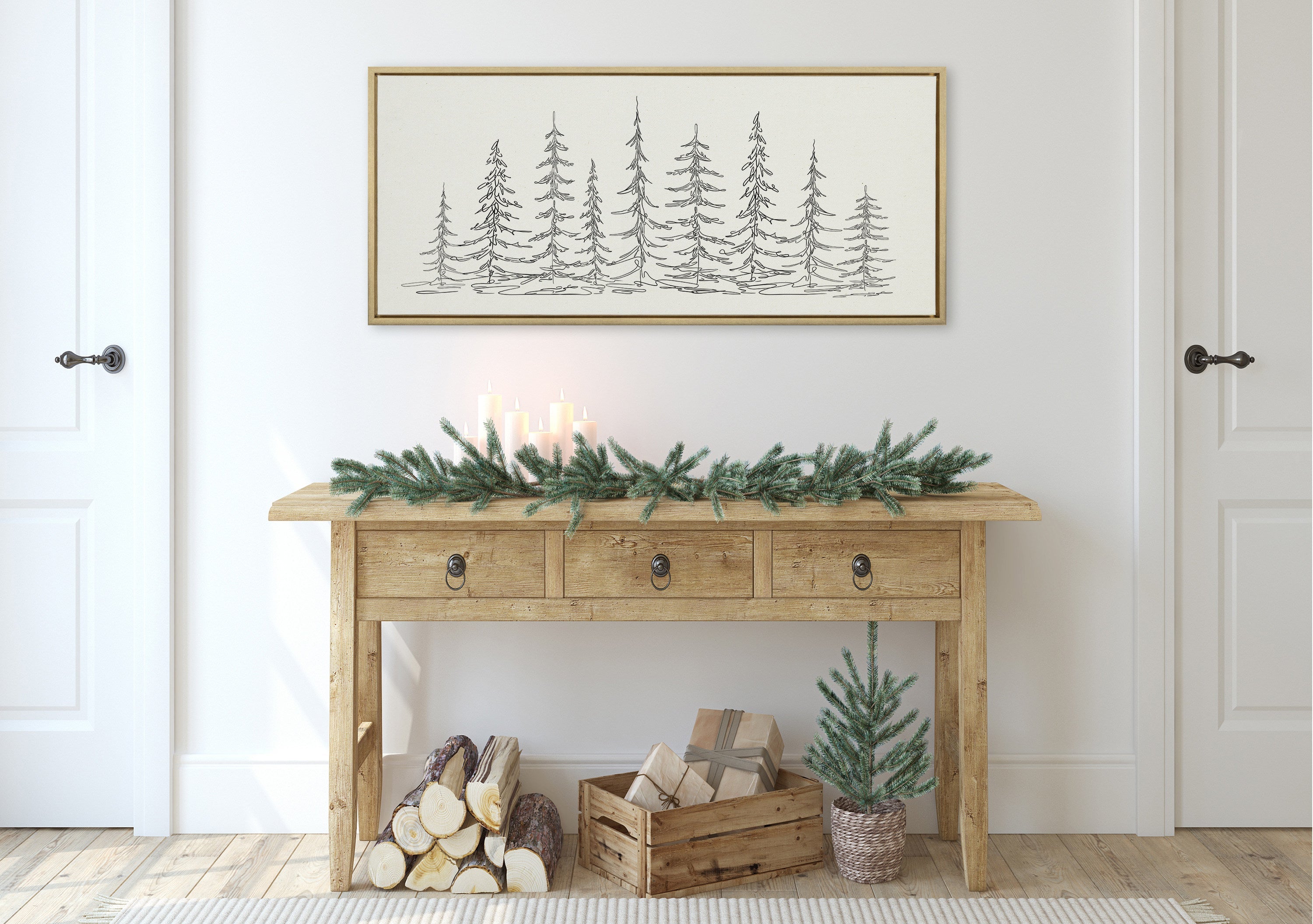 Sylvie Minimalist Evergreen Trees Sketch Framed Canvas by The Creative Bunch Studio