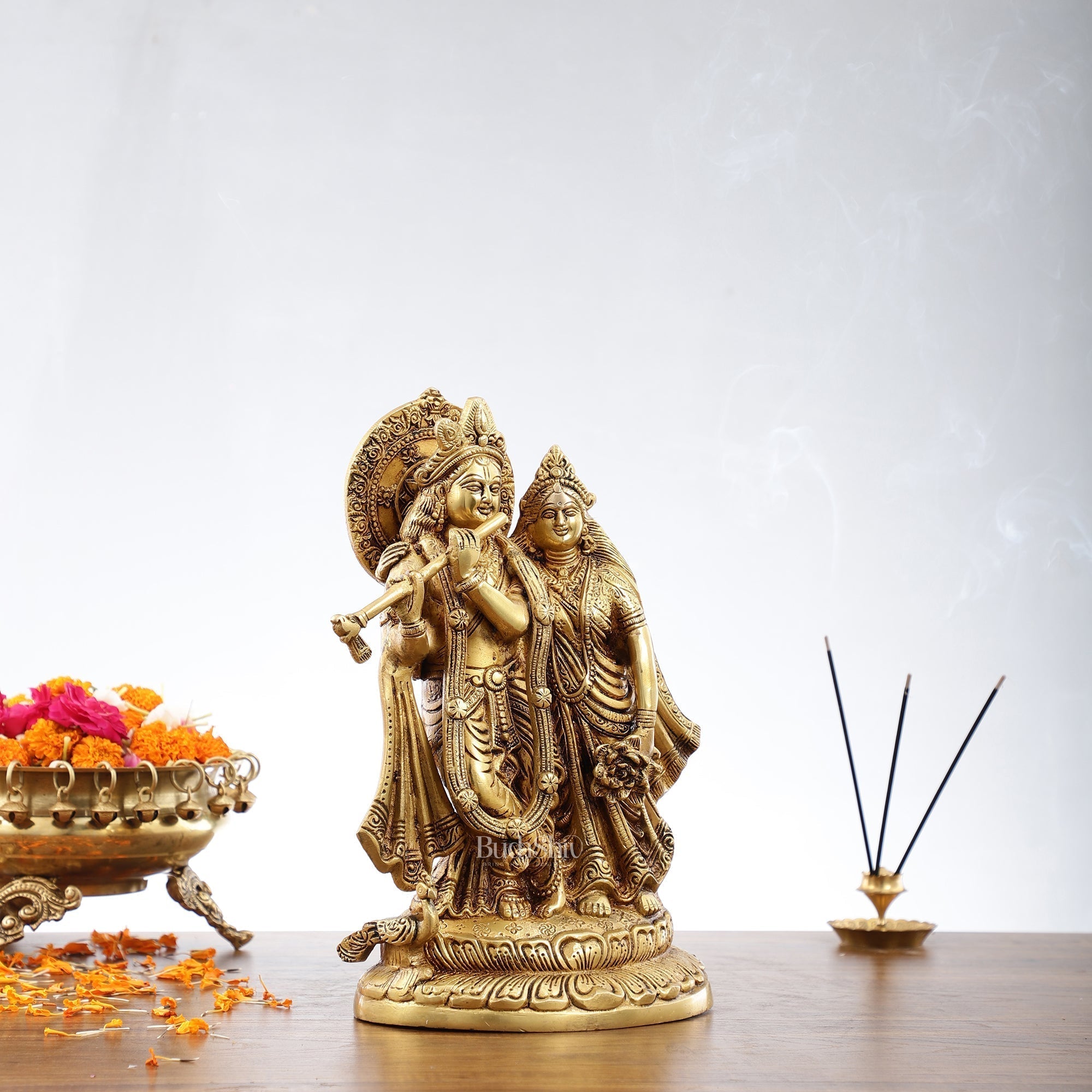 Exquisite Brass Superfine Radha Krishna with Peacock - 12 inches-1