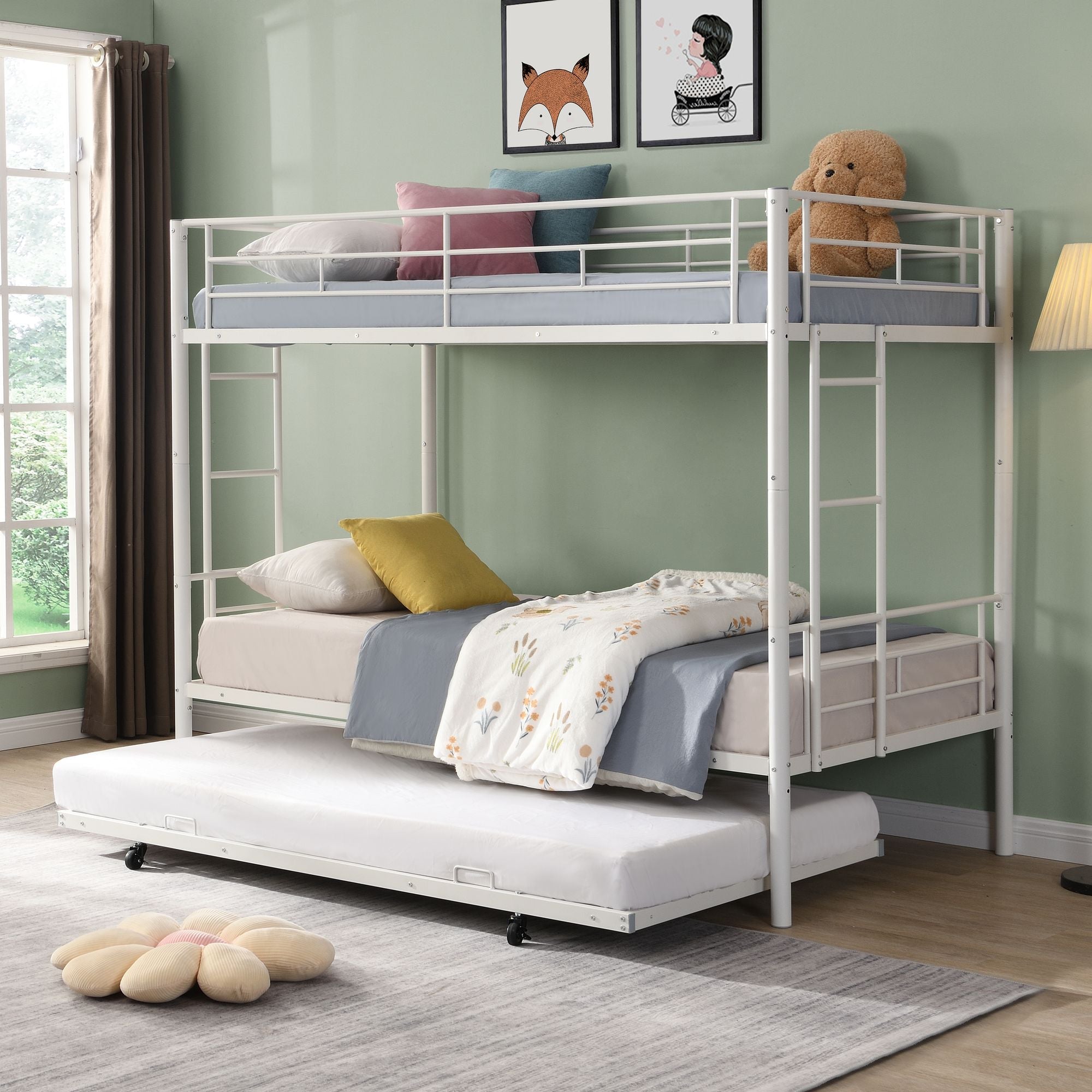 Extra Sleeping Space Twin Over Twin Metal Bunk Bed with Trundle in White for Kids Rooms | Just Better Bunk Beds