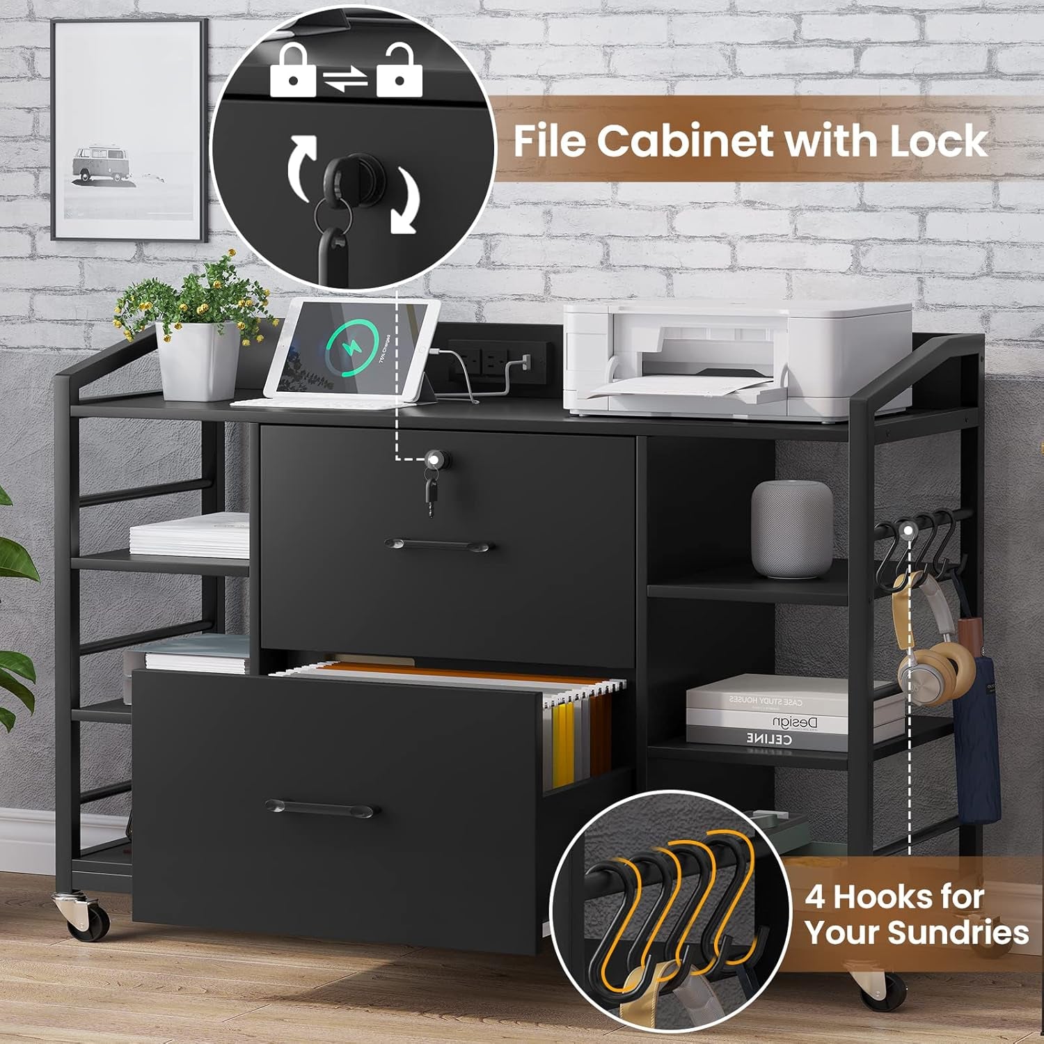 44 Inch 2 Drawer File Cabinet For Home Office Black