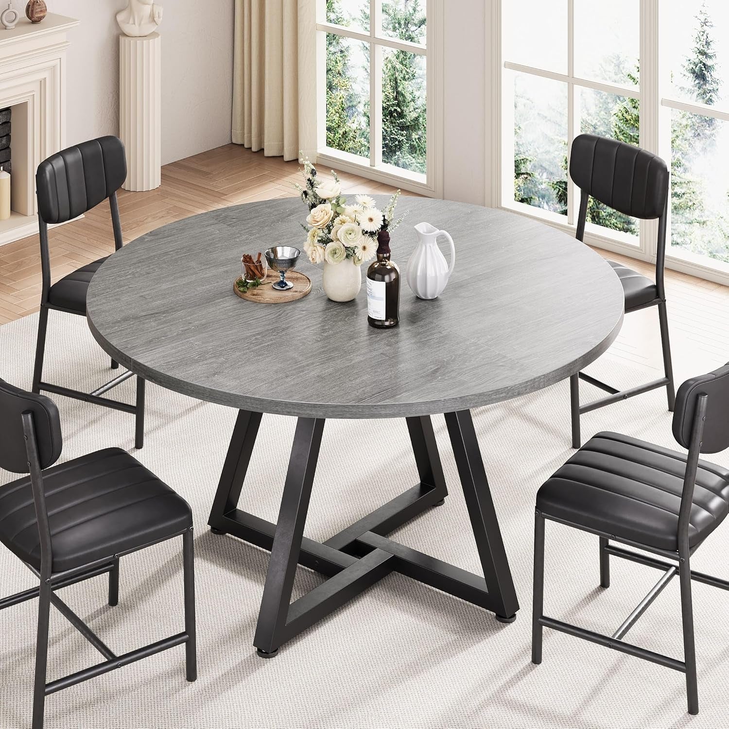 Round Grey 47 Inch Dining Table With Pedestal Metal Frame