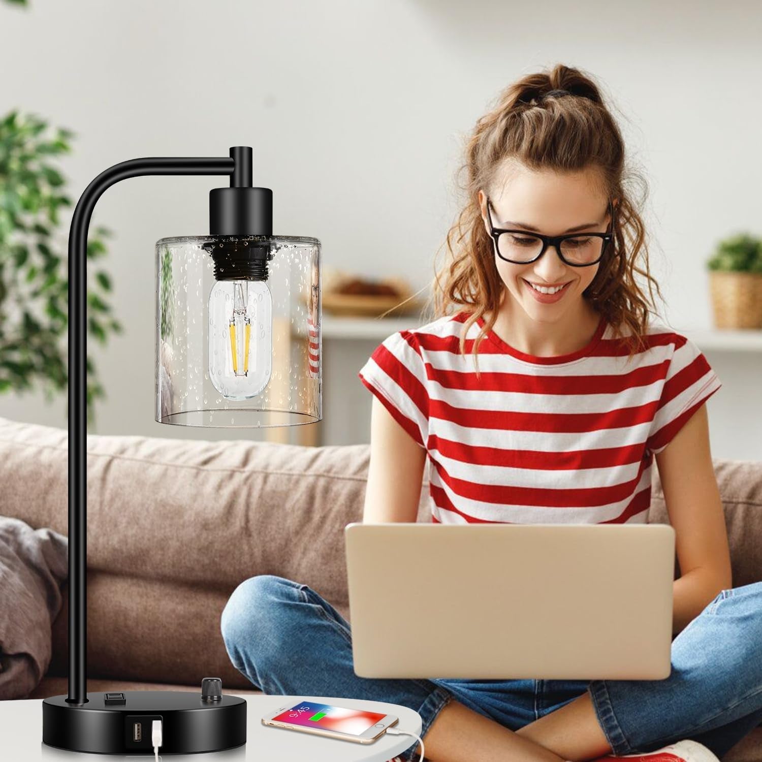 Set Of 2 Industrial Table Lamps With USB Ports And Stepless Dimming