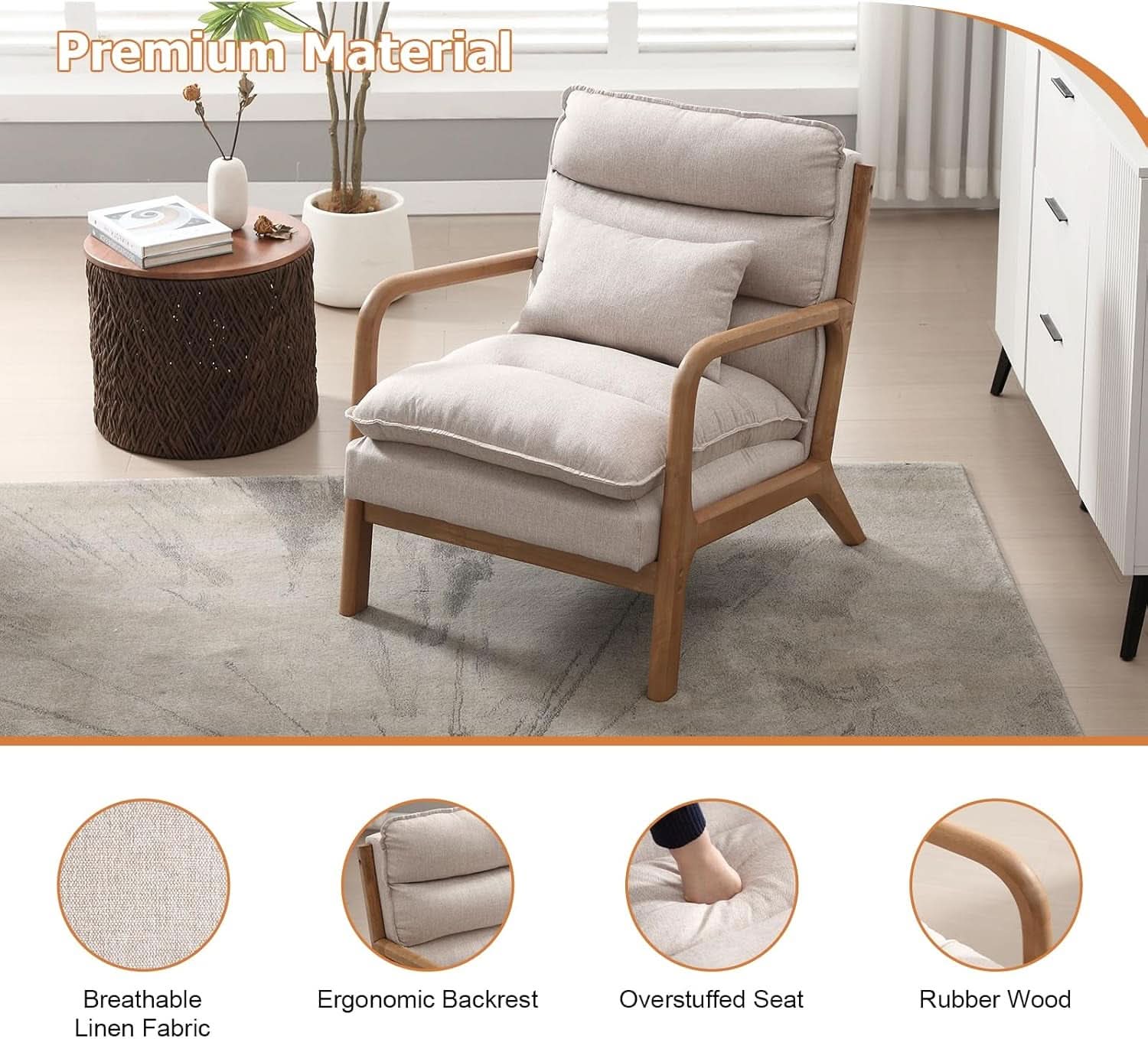 Beige Mid Century Modern Upholstered Accent Armchair
