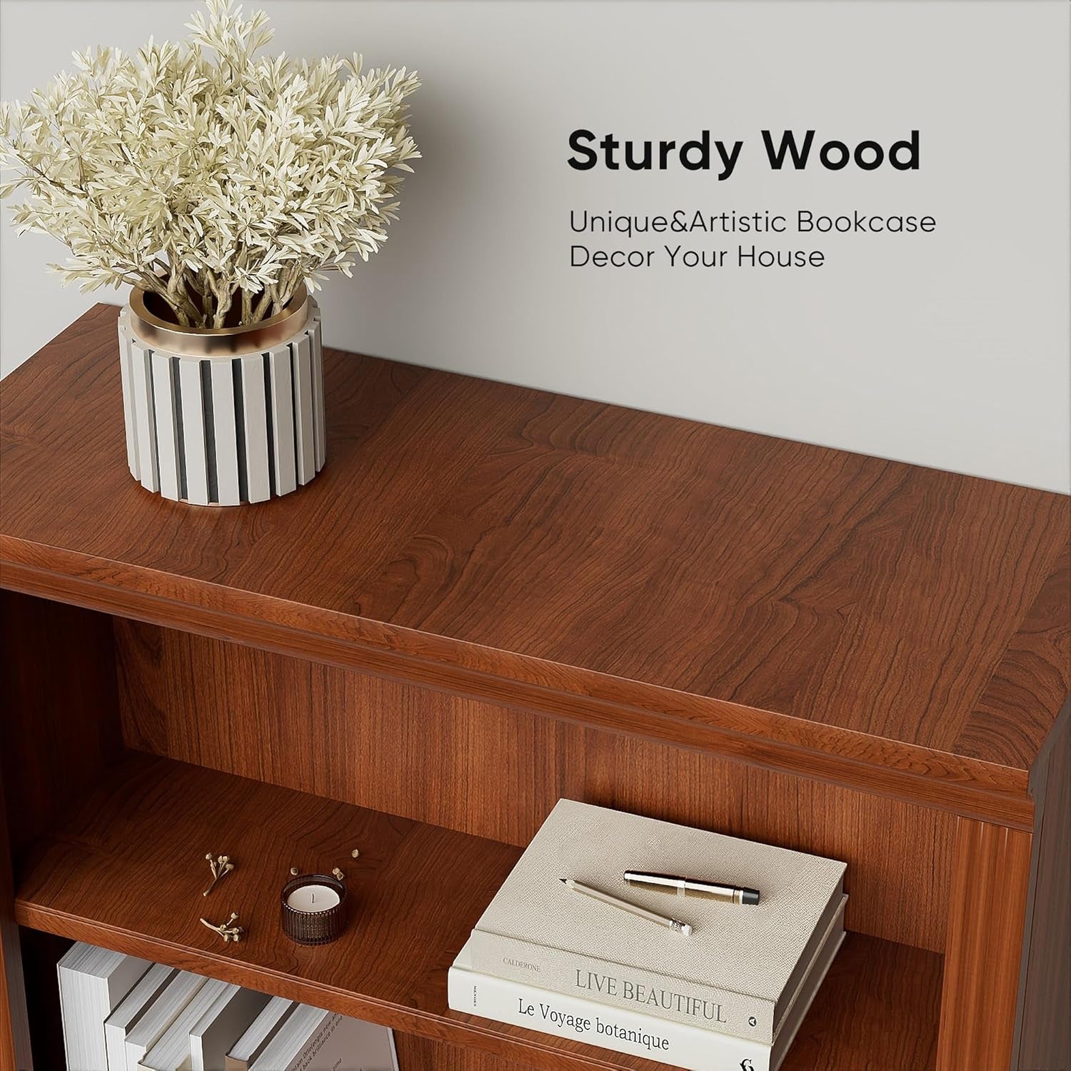 Five Shelf Tall Bookcase 72 Inch Cherry Wood Open Display