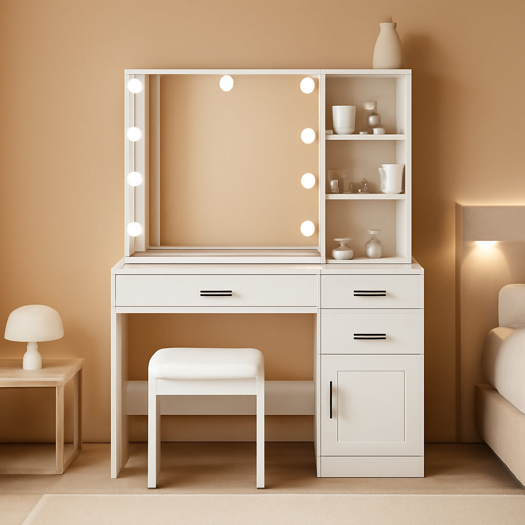 White Luxury Vanity Desk With Lighted Hollywood Mirror