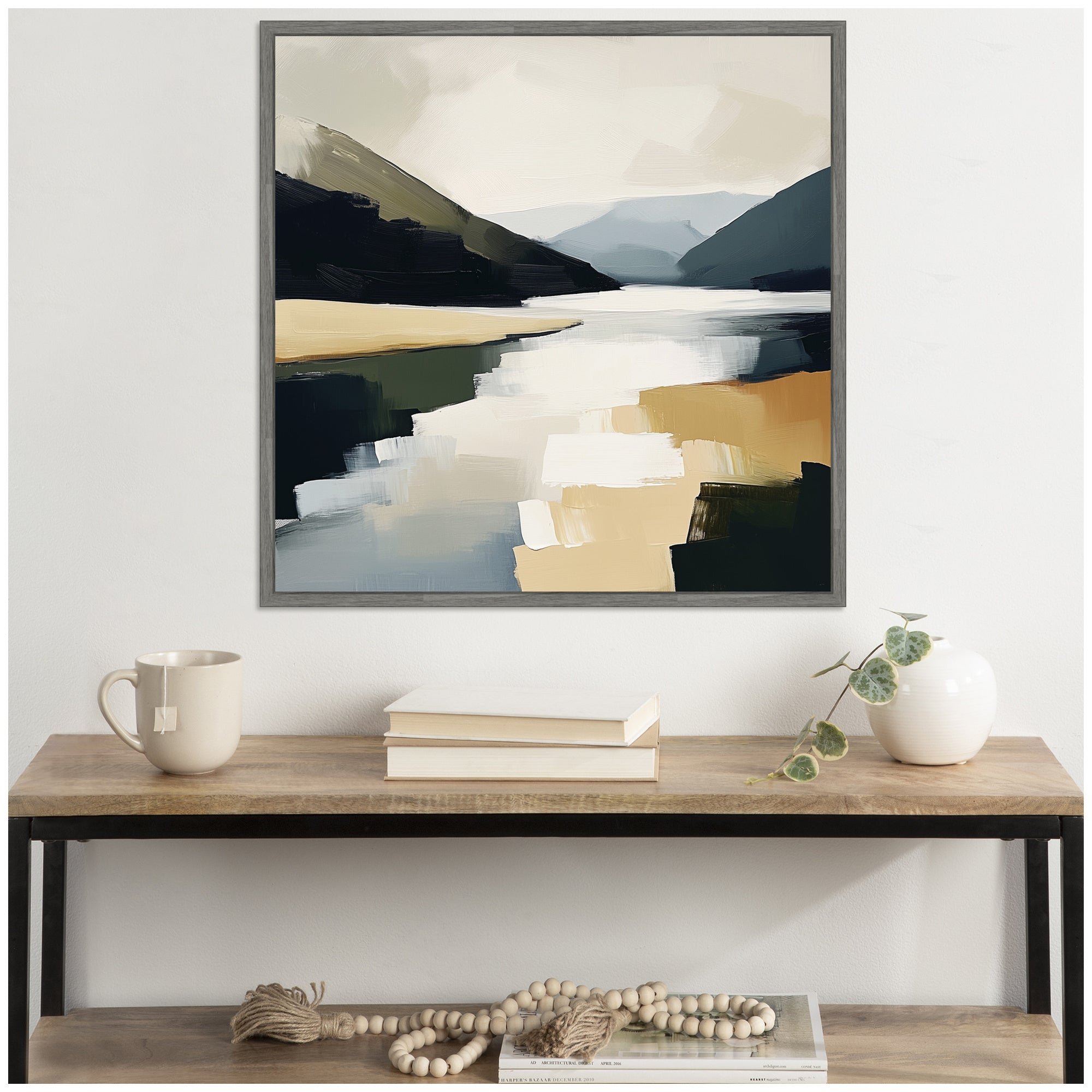 Sylvie Mountain Lake Modern Abstract Landscape Framed Canvas by The Creative Bunch Studio