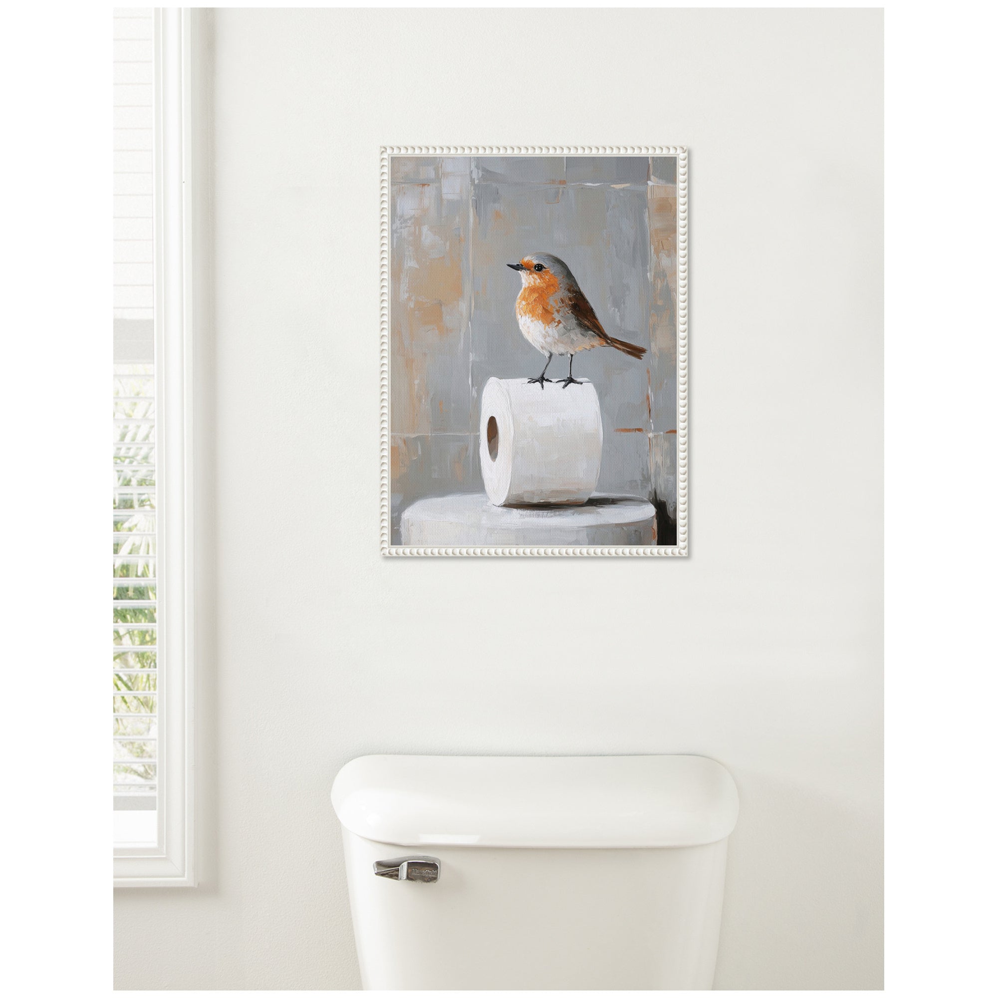 Sylvie Bird Standing on Toilet Paper Roll Toilet Bathroom Art Framed Canvas by The Creative Bunch Studio