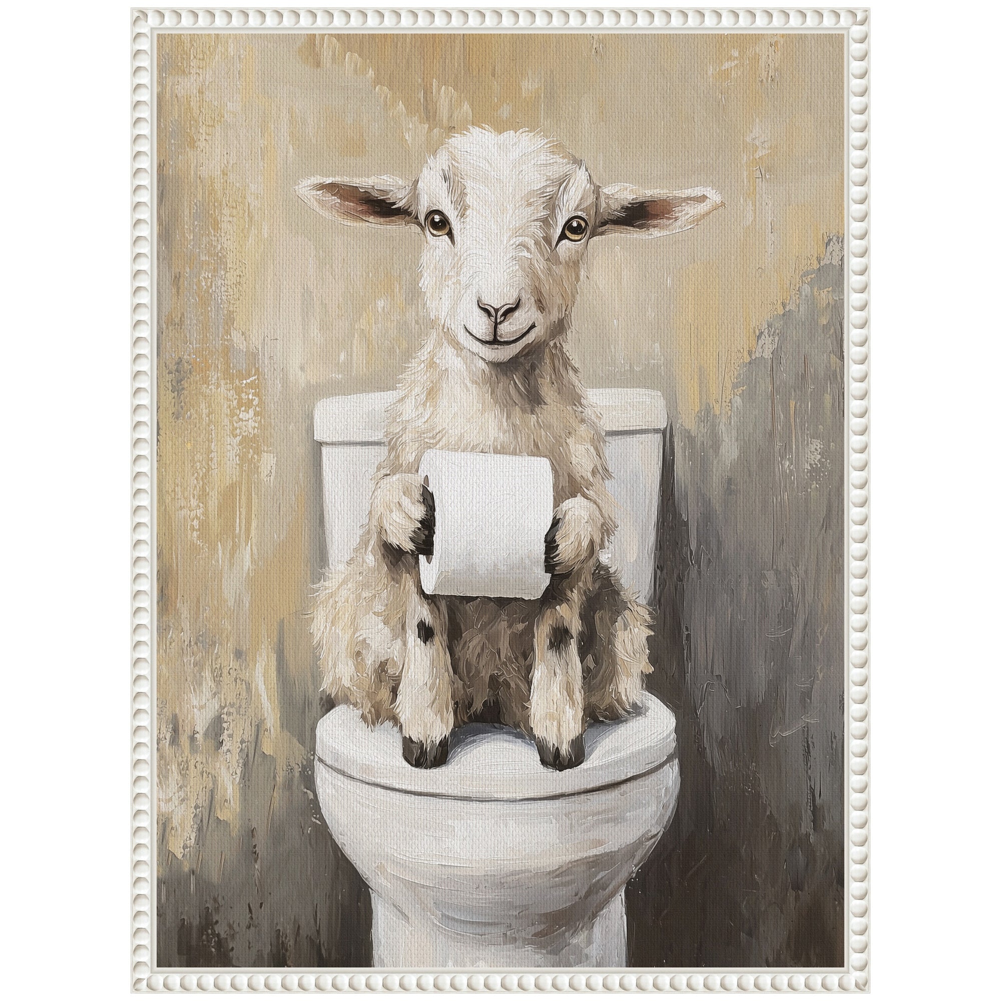 Sylvie Goat Holding Toilet Paper Roll Toilet Bathroom Art Framed Canvas by The Creative Bunch Studio
