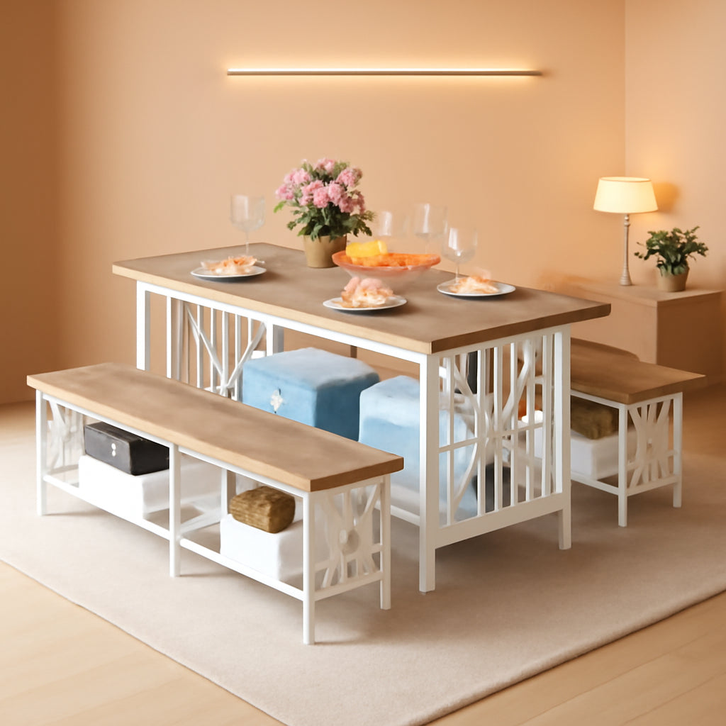 Sixty Three Inch Washed Grey Industrial Style Storage Dining Table