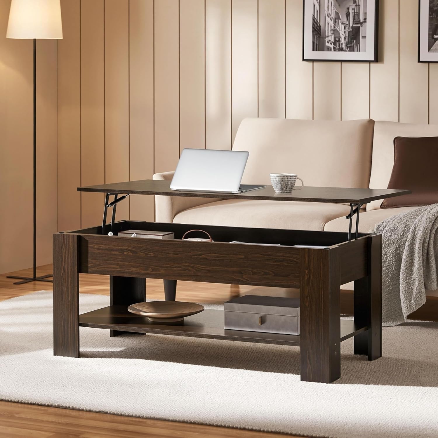 Espresso Lift Top Coffee Table With Hidden Compartment