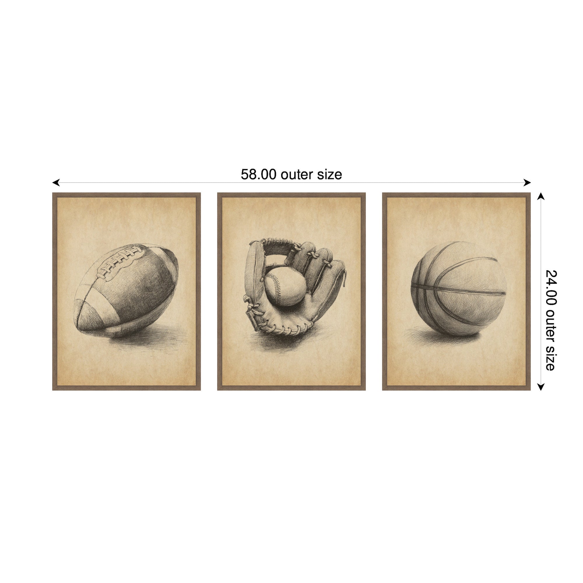 Walnut Antique Football 3 Piece Framed Canvas Wall Art Set by The Creative Bunch Studio