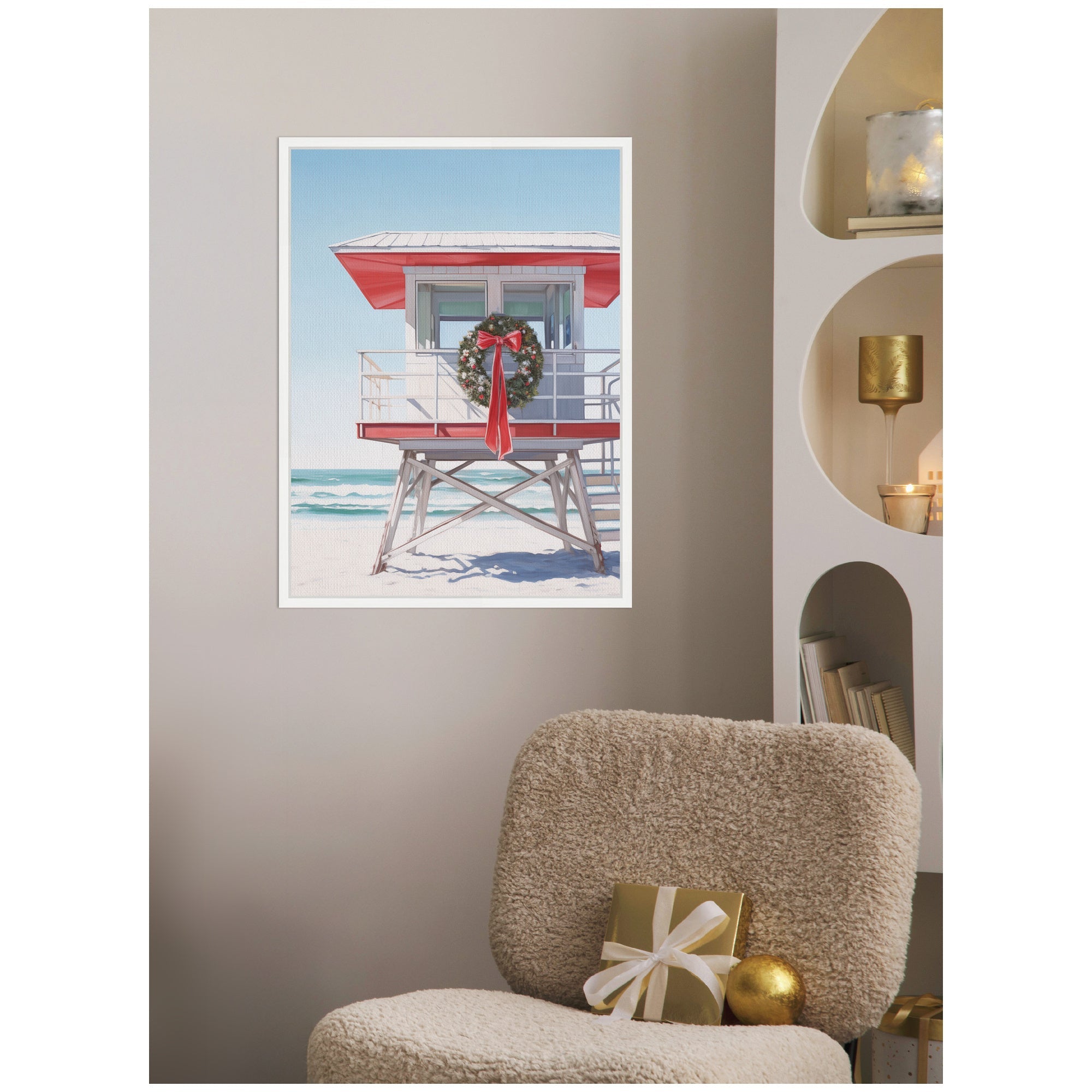 Sylvie Framed Canvas Holiday Wreath Beach Lifeguard Tower by The Creative Bunch Studio
