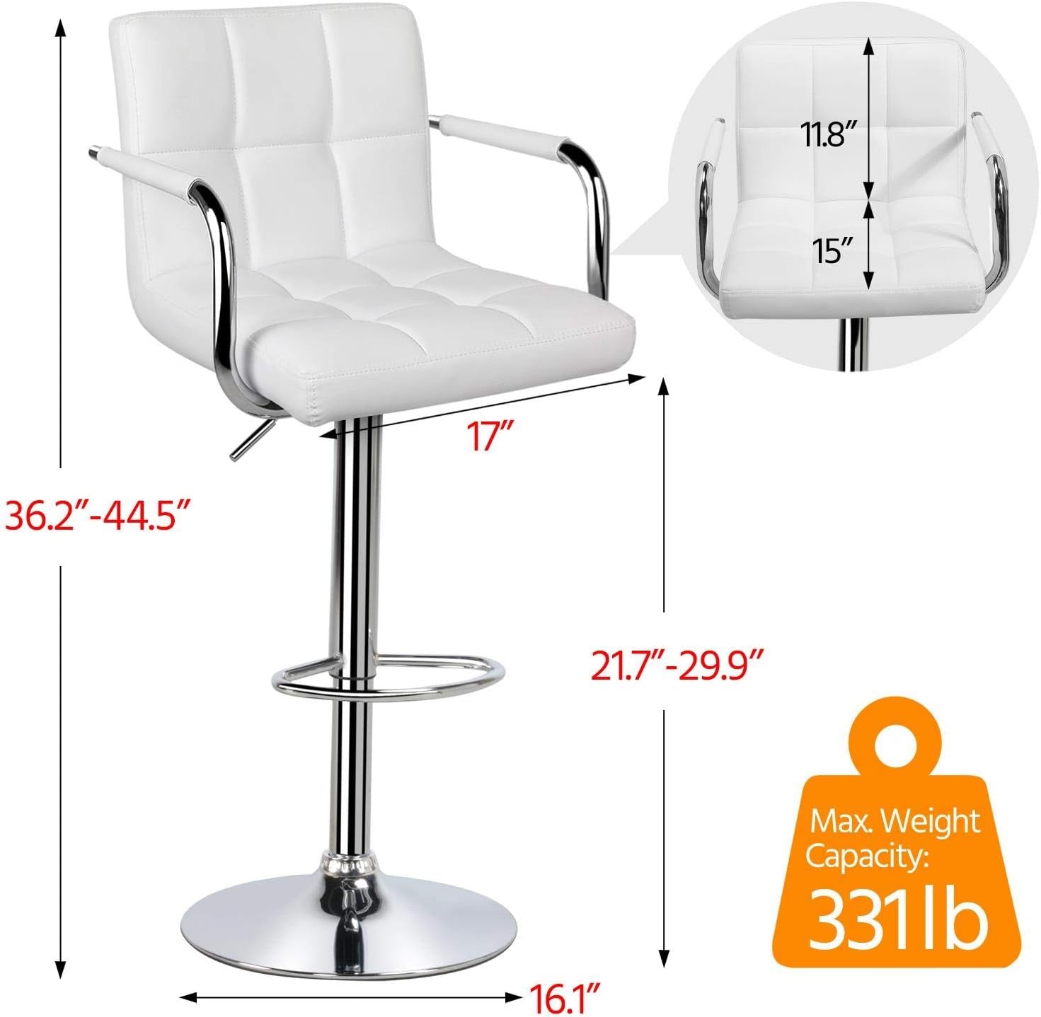 White PU Leather Adjustable Swivel Bar Stools Set of 2